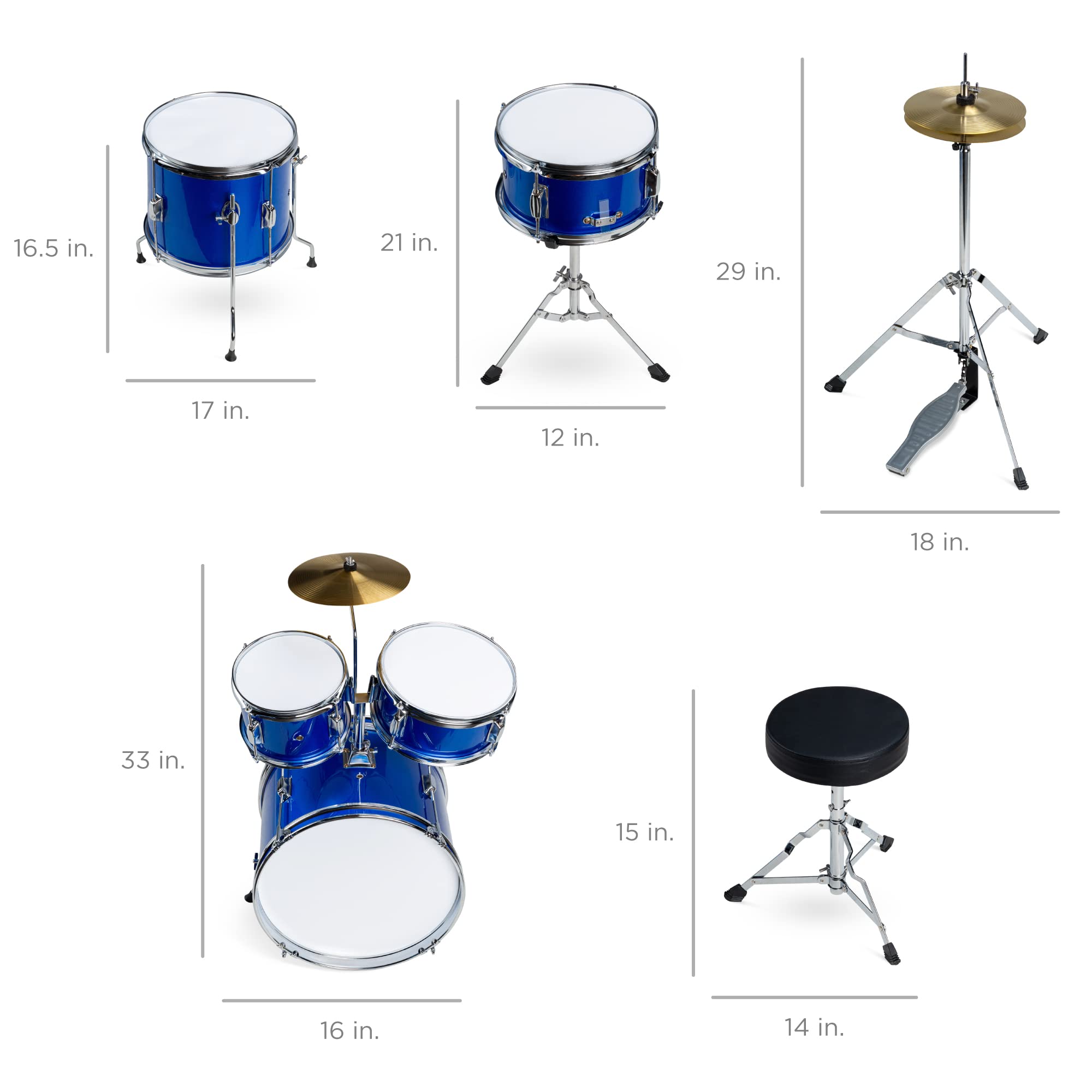 Best Choice Products 5-Piece 16in Kids Drum Set - Junior Drum Kit with Cymbals, Pedal, Drumsticks & Stool - Perfect Beginner Percussion Set for Children (Blue) | Ideal for Music Lessons, Birthday Gifts & Home Practice