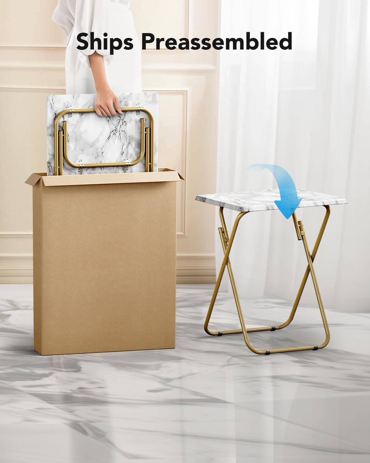HUANUO Folding TV Tray Table - Sturdy Portable Laptop Desk with No Assembly Required, Adjustable Height TV Dinner Tray for Eating, Working & Studying - Perfect for Bed, Sofa, Dorm & Office Use (Marbled Design)