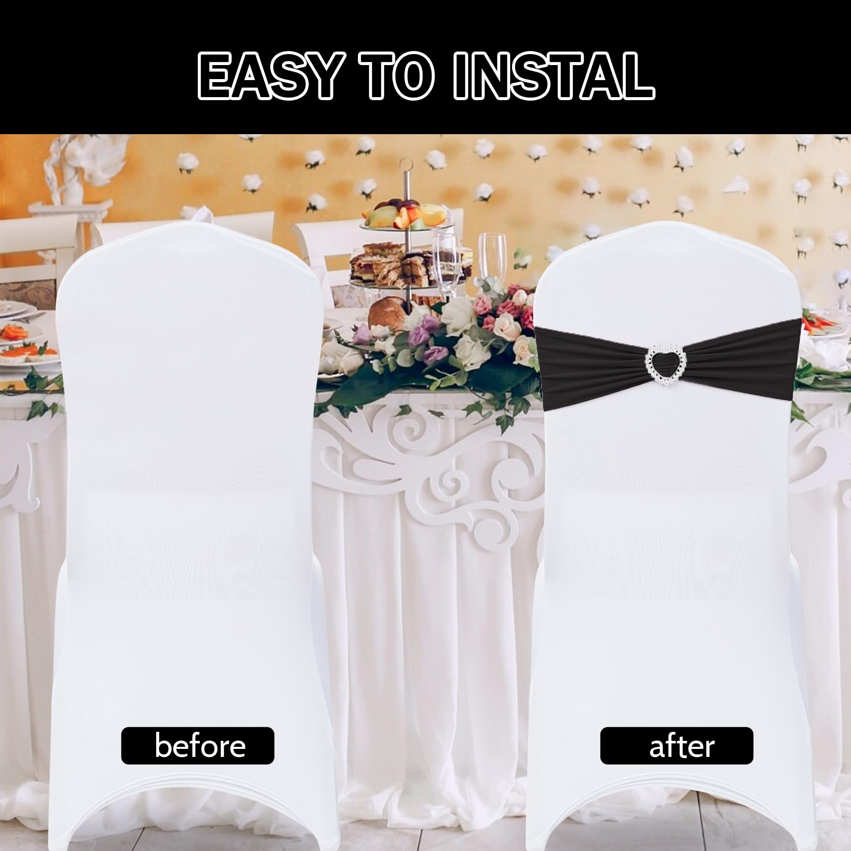 Howhic 30-Pack Stretch Spandex Chair Sashes with Buckle Slider - Universal Elastic Chair Bands for Wedding, Banquet, Party & Event Decorations (Black) | Perfect for Chair Covers, Table Settings & Venue Decor