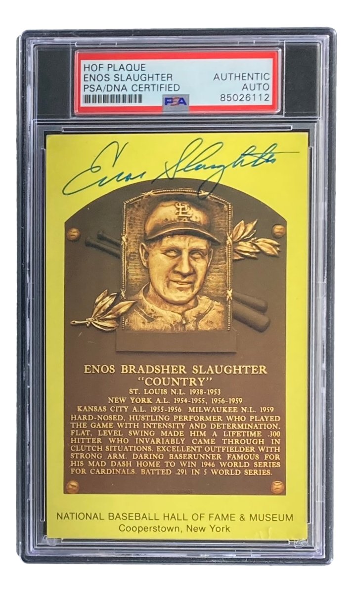 Enos Slaughter Autographed 4x6 St. Louis Cardinals HOF Plaque Card - PSA/DNA Certified - Perfect for Baseball Memorabilia Collections & Sports Fan Gifts