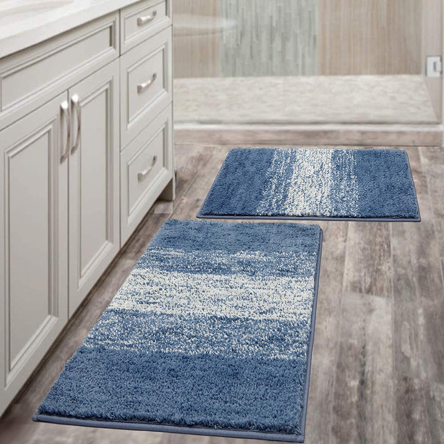 Vaukki Luxury Soft Bathroom Rugs Set of 2 - Non-Slip Washable Plush Bath Mats, Super Absorbent Microfiber Shaggy Striped Bath Carpet for Tub, Bathroom & Shower (18