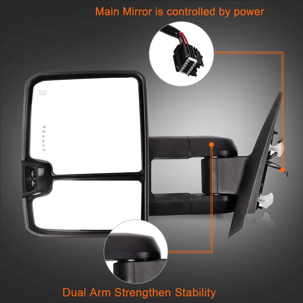 ROADFAR Power Heated Towing Mirrors for 2008-2013 Chevy Silverado & GMC Sierra - LED Turn Signal, Puddle Light, Black Housing - Perfect for Towing Trailers, Campers & Heavy Loads