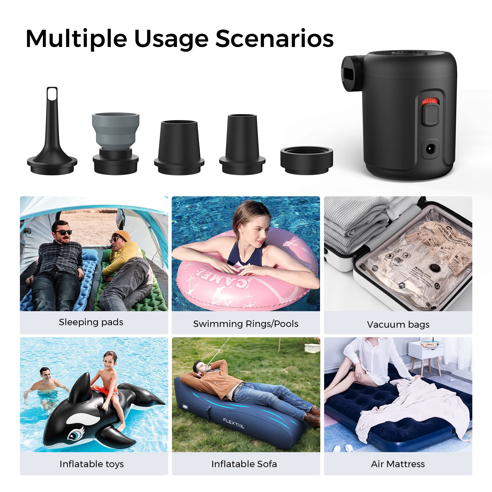 **FLEXTAILGEAR Electric Air Pump - Portable 110V AC/12V DC Air Mattress Pump with 5 Nozzles for Inflatables, Sleeping Pads, Pool Floats - Ideal for Camping, Hiking & Home Use (Not Rechargeable)**
