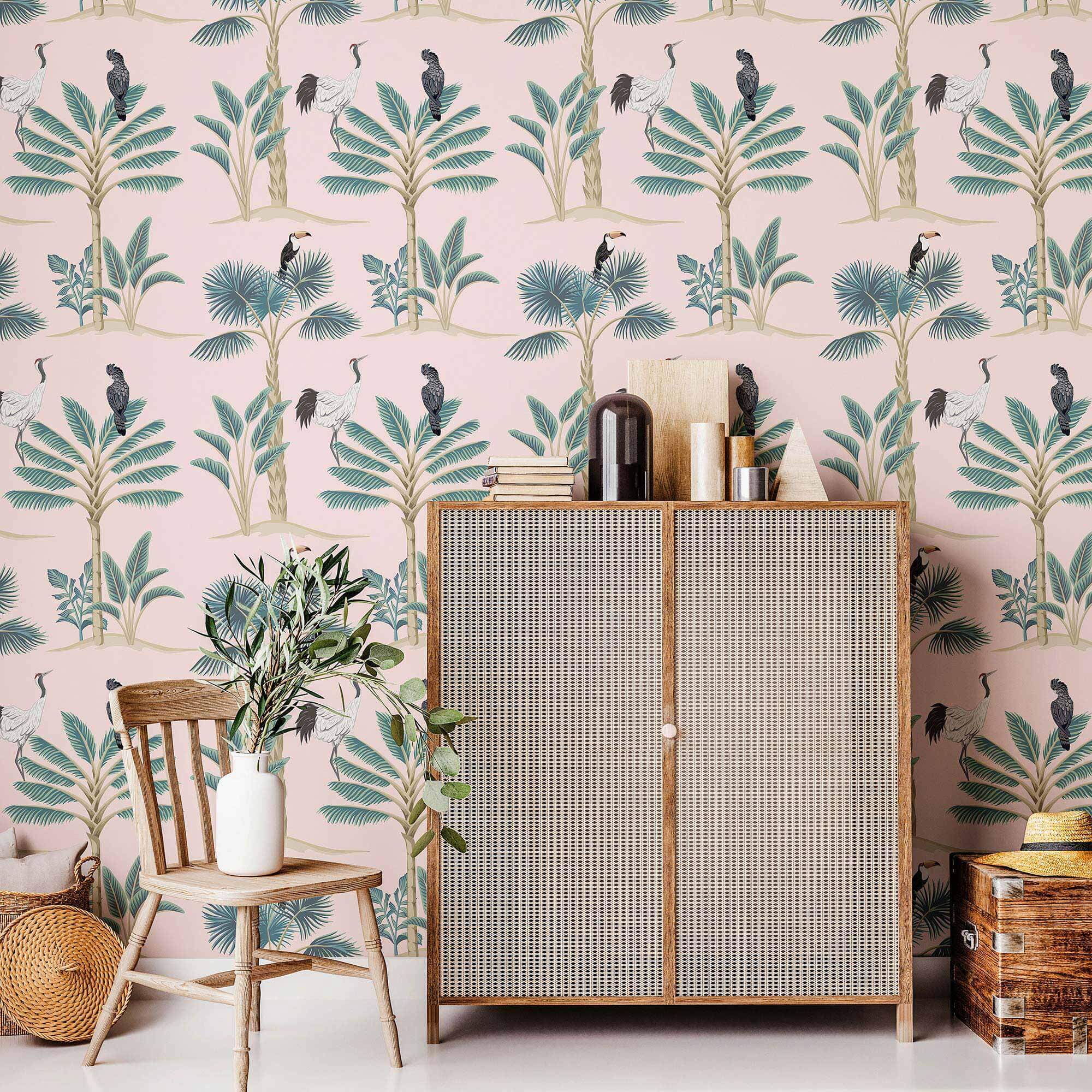 Pink Birds Peel and Stick Removable Wallpaper 6628 - Self-Adhesive Decorative Wall Covering for Bedroom, Nursery, or Office Decor