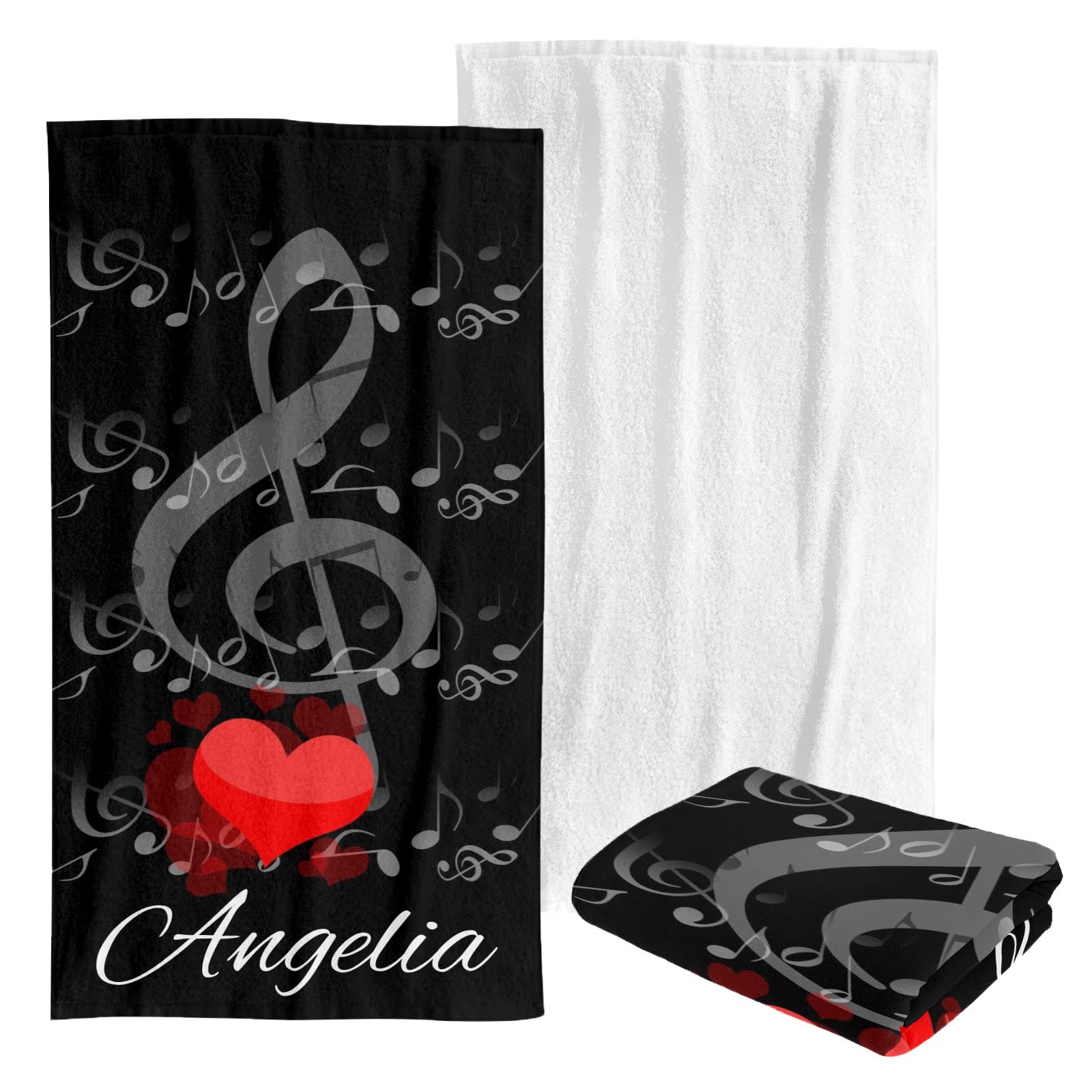 Custom Personalized Beach Towel - Large Soft Quick Dry Bath Towel Blanket for Swimming, Pool, Beach - Red Heart Musical Notes Design for Kids, Men, Women, Boys & Girls | Perfect for Summer Vacation, Picnics & Outdoor Activities