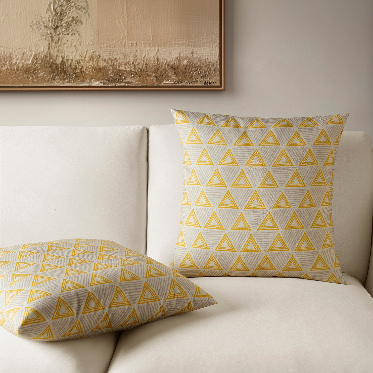 Trillian Gold Geometric Textured Printed Cotton Cushion Covers (Set of 2) - Modern Home Decor for Sofa, Bed & Living Room