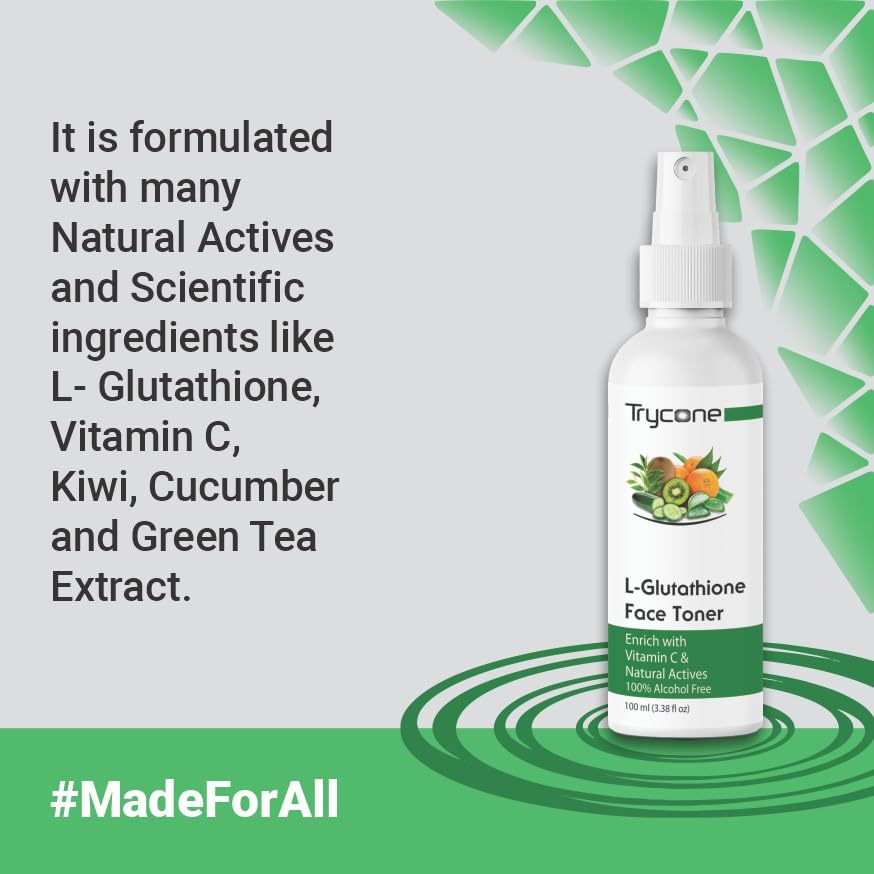 Trycone L Glutathione & Vitamin C Face Toner for Glowing Skin - Green Tea & Natural Extracts, Alcohol-Free 100ml | Brightening, Hydrating & Anti-Aging | Perfect for Daily Skincare Routine & Nighttime Regimen