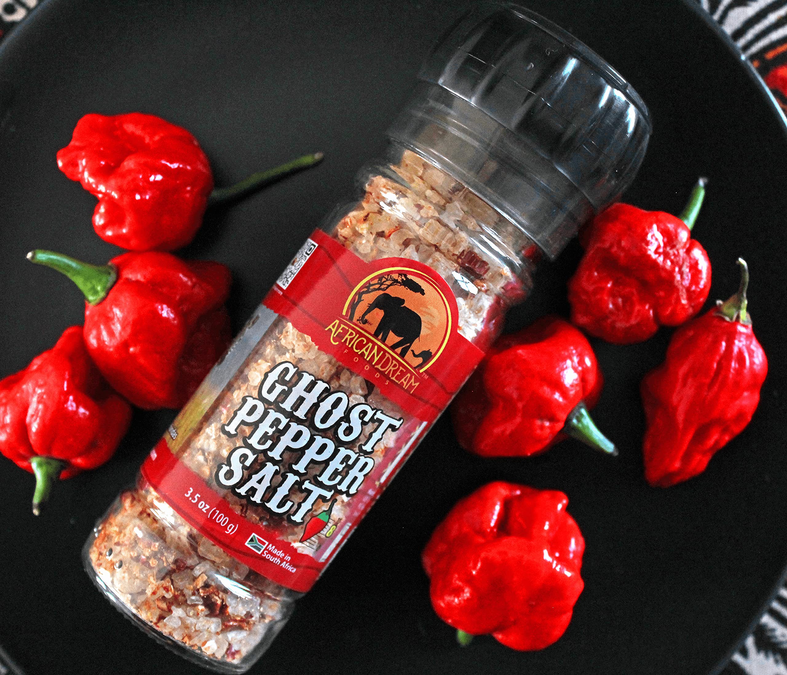 African Dream Foods Ghost Pepper Salt Seasoning - Spicy Chili Salt with Natural Ghost Peppers & Sea Salt | Hot & Flavorful Grinder for Meat, Chicken, Seafood | Perfect for BBQ, Grilling & Home Cooking | 3.5 oz Reusable Bottle