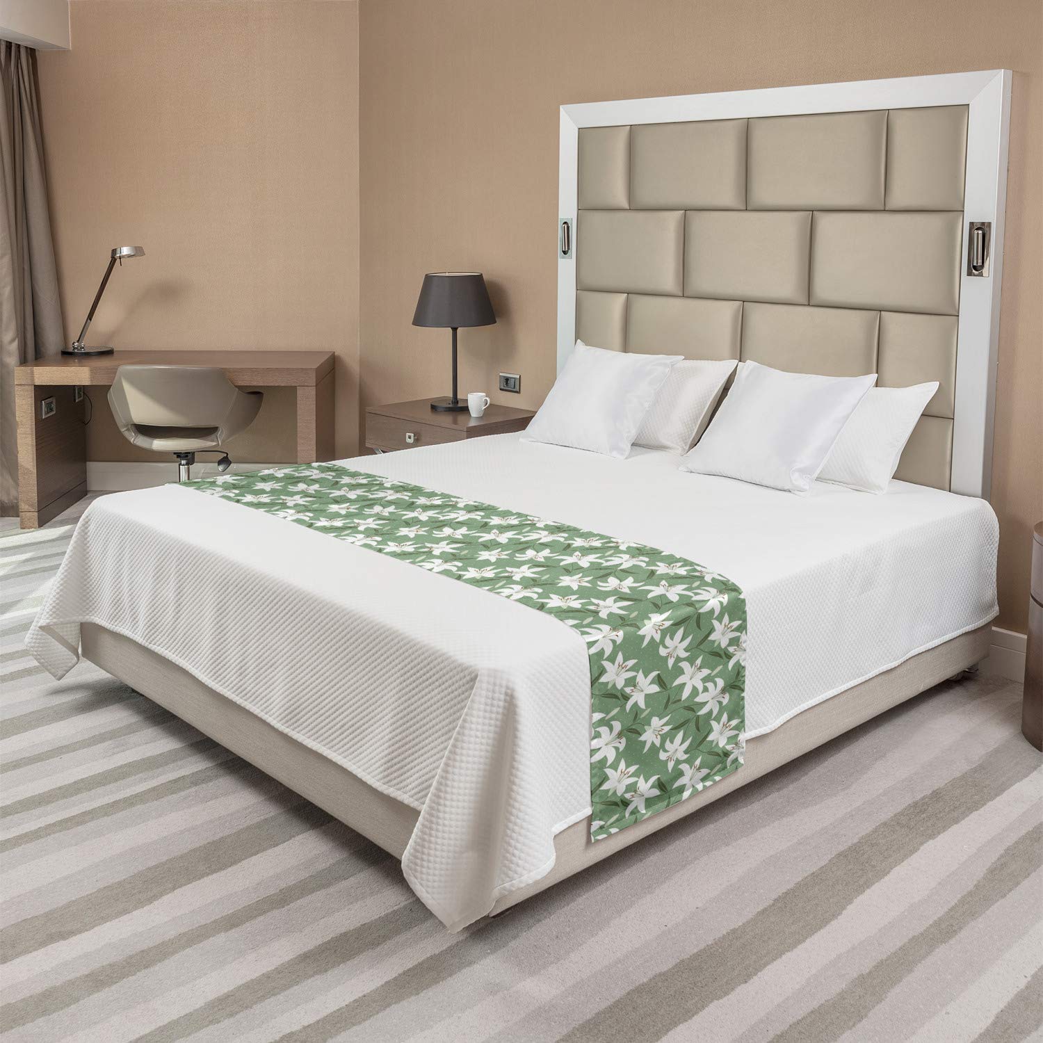 Ambesonne Romantic Bed Runner - Lilly Bouquet Valentines Day Bedding Scarf with Polka Dots Design, Decorative Accent for Hotels, Homes & Guest Rooms in Pistachio Green & White | Perfect for Valentine's Decor, Wedding Bedding & Luxury Bedroom Styling