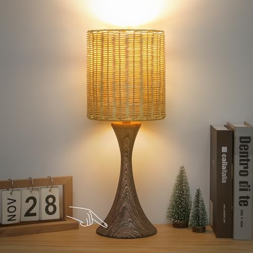 Wood Grain Base with Rattan Shade