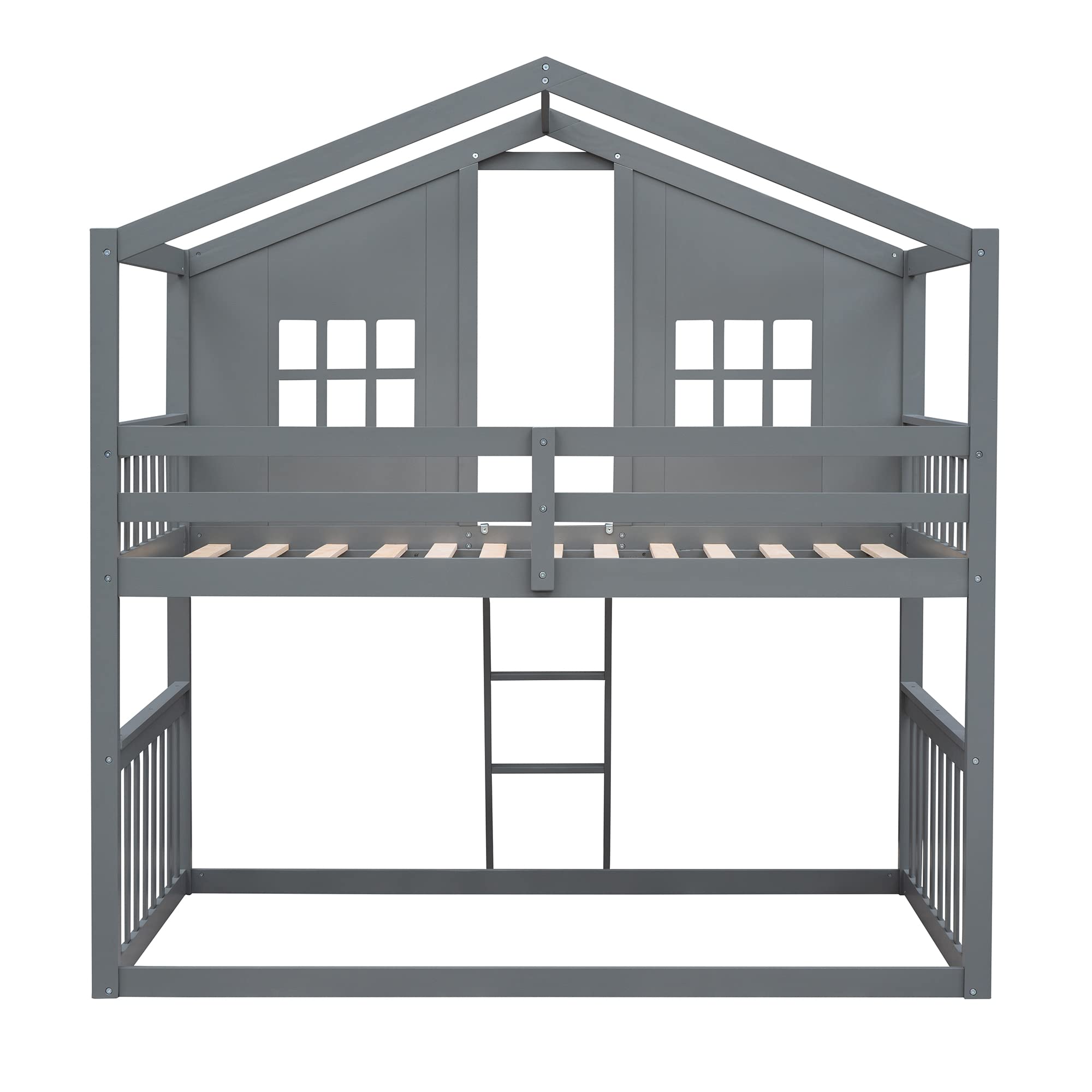 Harper & Bright Designs Twin Over Twin Wooden Bunk Bed with Roof Design for Kids - Space Saving Bed for Girls & Boys (Gray, Twin Size) | Perfect for Small Bedrooms, Shared Kids Rooms & Vacation Homes