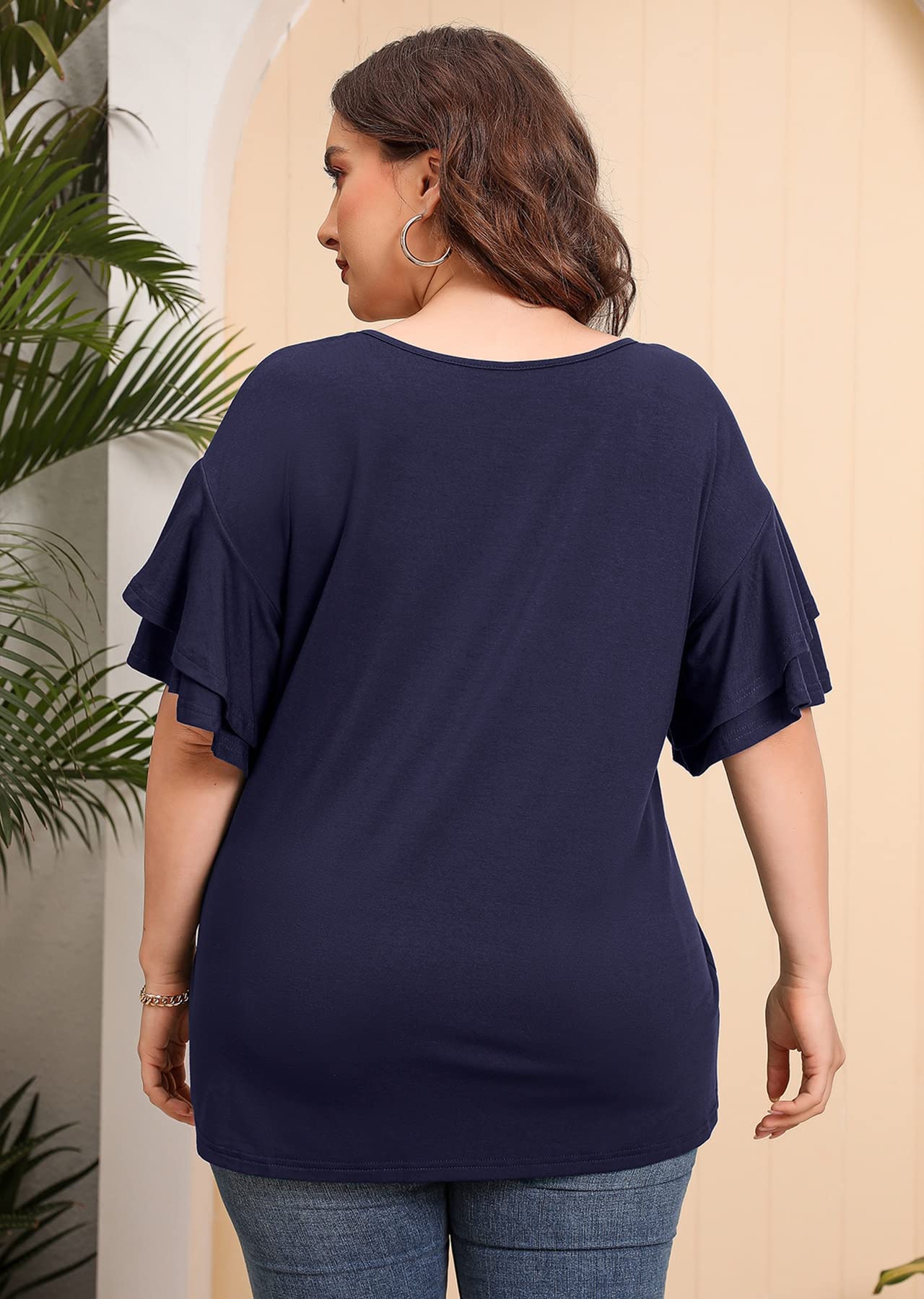 Plus Size Tunic Tops for Women - AusLook Double Ruffle Short Sleeve Blouse, Loose Fit Flowy Shirt for Summer | Casual Wear, Office Outfits & Vacation Clothing
