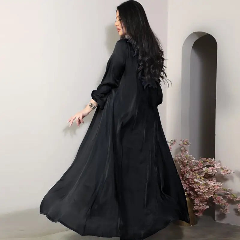 2 Piece Set Bright Satin Open Abaya Dress with Inner Sleeveless Dress - Muslim Prayer Dress, Eid Outfit, Ramadan Fashion, Modest Evening Wear for Women