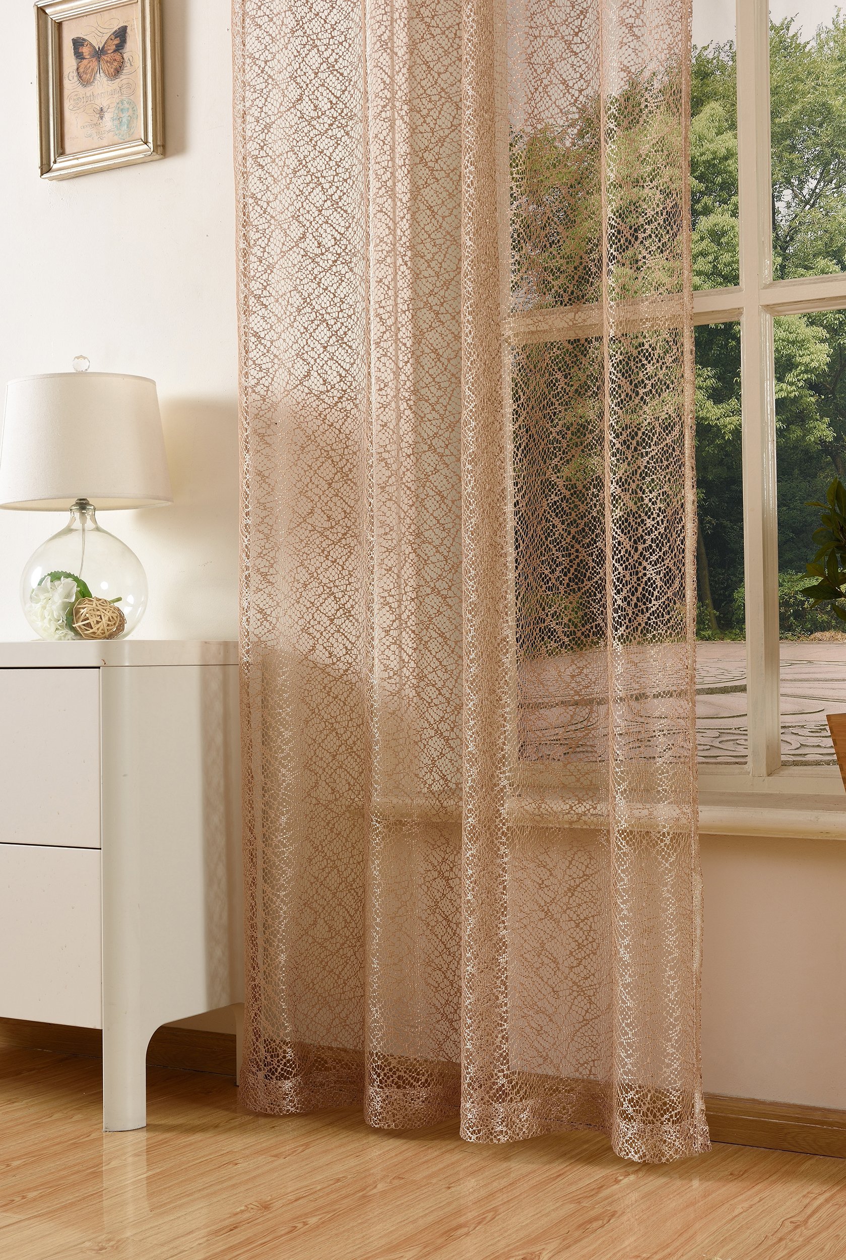 Mesh Net Curtain with Eyelets - Transparent Plain Decorative Polyester Window Drape in Taupe (245x140cm) for Living Room, Bedroom & Kitchen