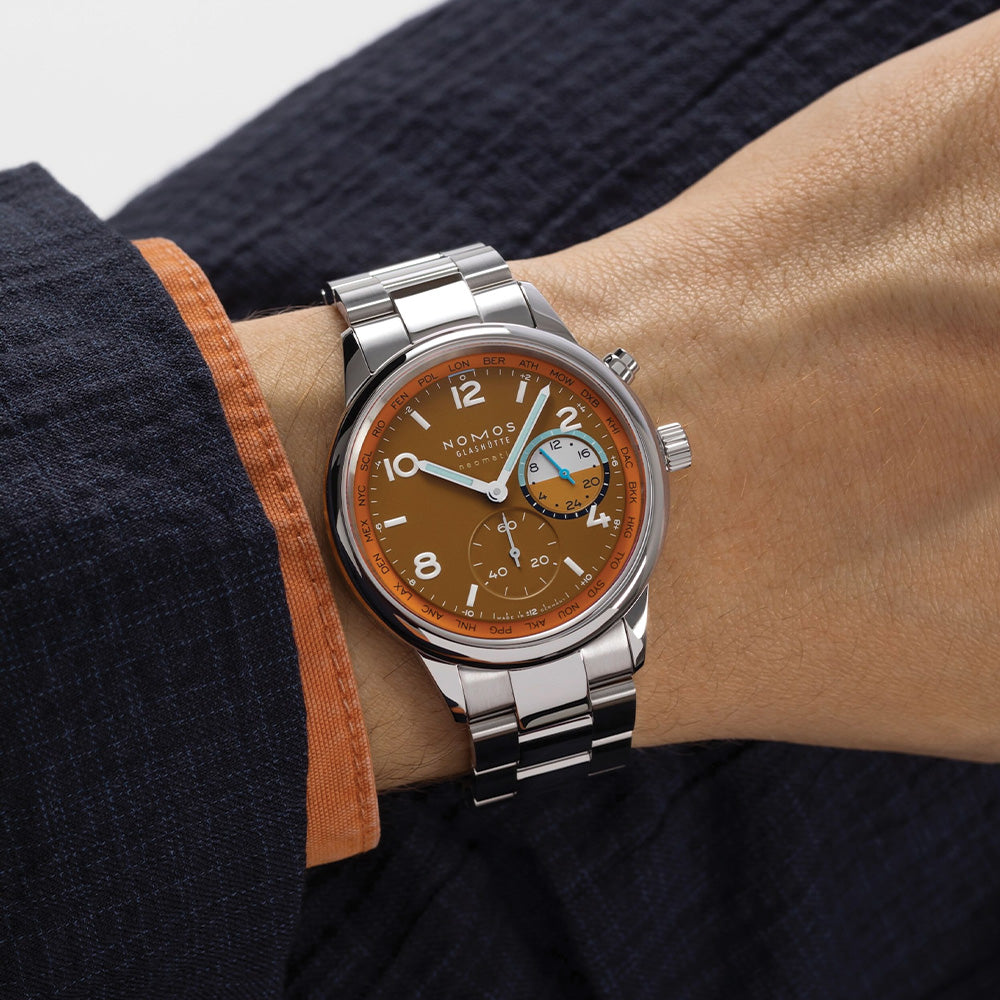 NOMOS Club Sport Neomatik Worldtimer Limited Edition 40mm Watch - Canyon Dial with Stainless Steel Bracelet | Luxury Travel & Business Timepiece