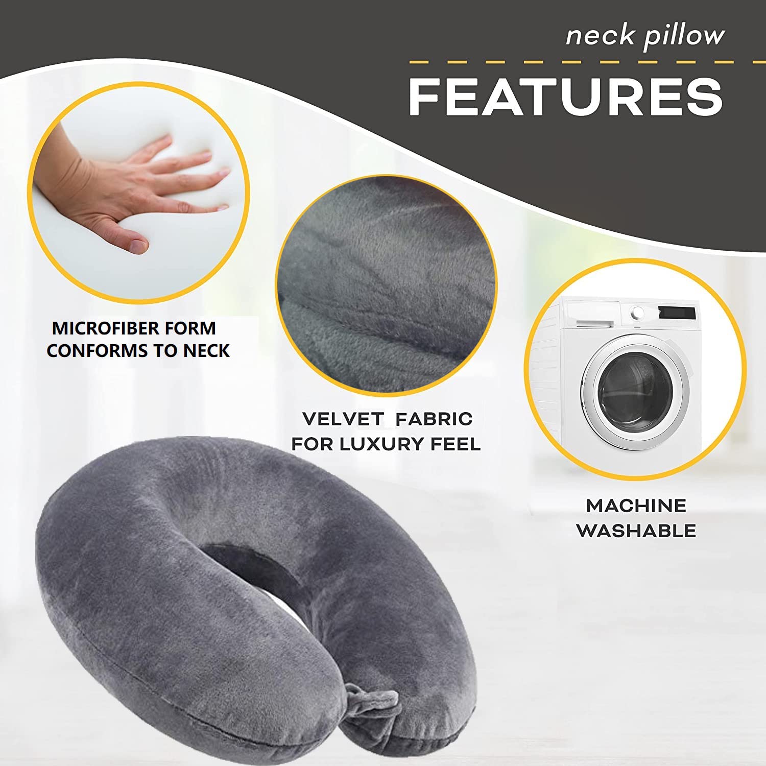 Juzzii Velvet Neck Pillow & Eye Mask Set - Ultra Soft Travel Pillow with Adjustable Strap for Airplane, Car, Office & Home Use - Perfect for Long Flights, Road Trips & Nap Time (Grey)