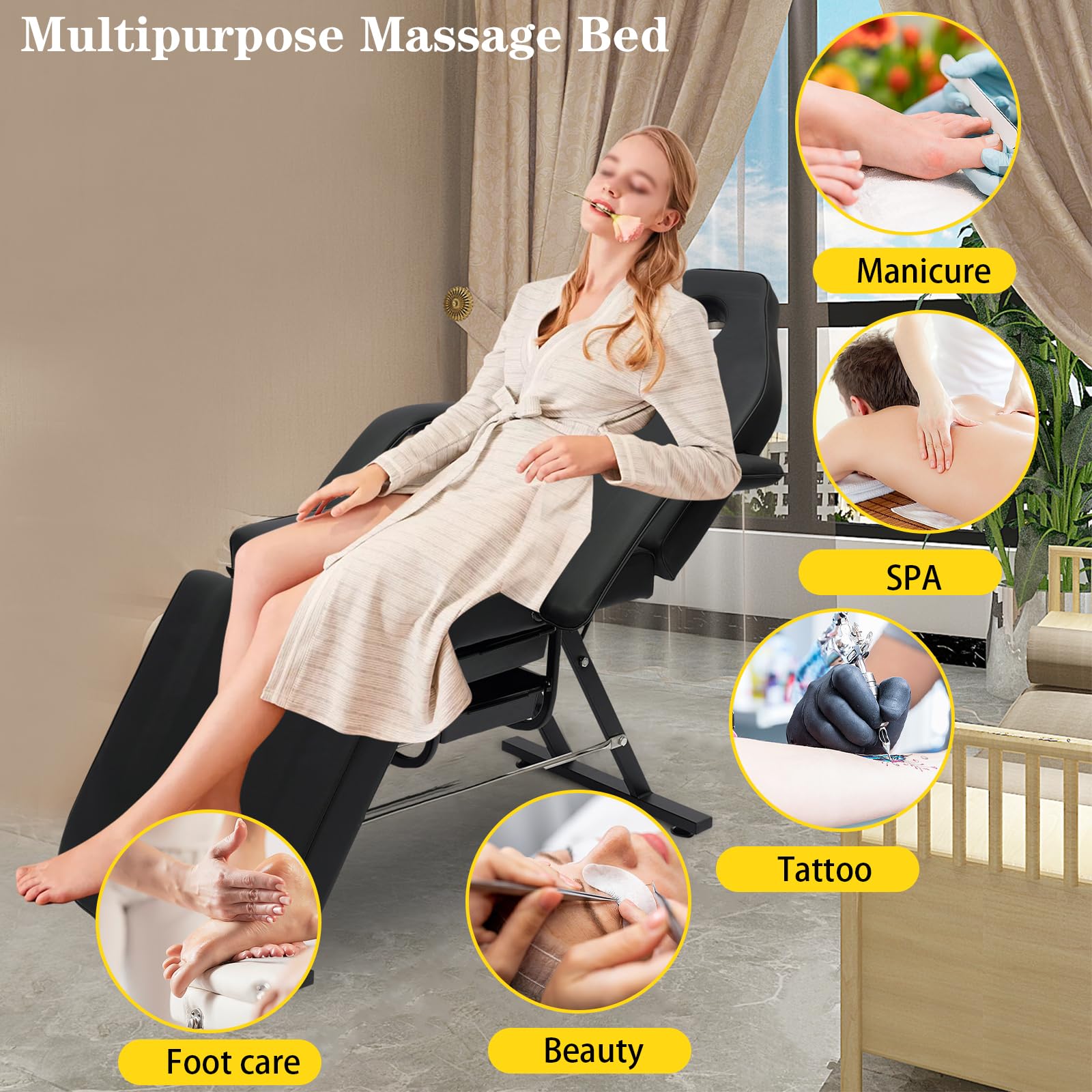 Professional Adjustable Tattoo Chair & Massage Bed for Salon, Spa & Tattoo Studio - 65° Backrest & 70° Foot Tilt - Multi-Purpose Salon Equipment for Barber, Facial & Client Comfort - Perfect for Tattoo Artists, Massage Therapists & Beauty Professionals