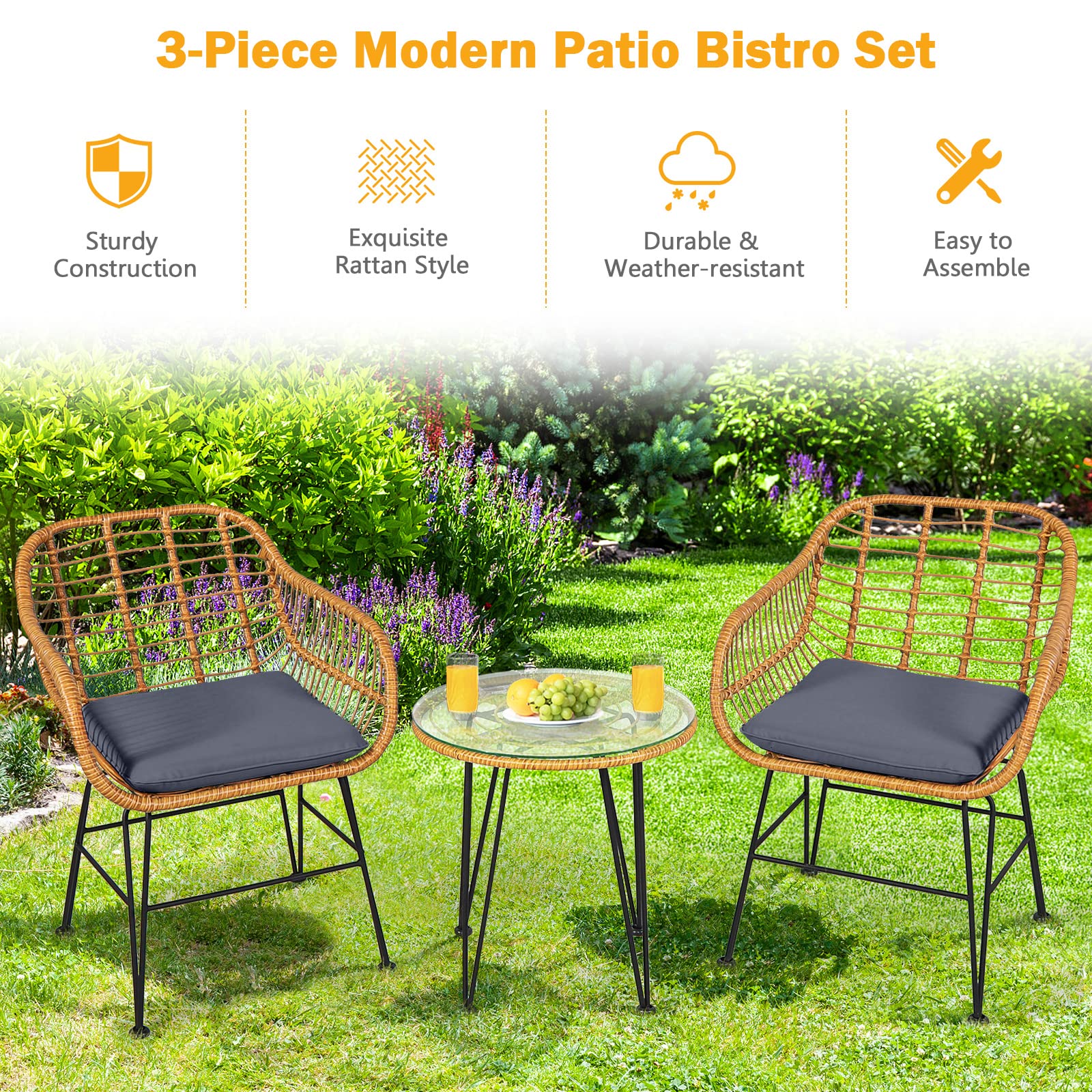 HappyGrill 3-Piece Rattan Bistro Set with Steel Frame Round Coffee Table & Soft Cushions - Outdoor Patio Dining Furniture for Garden, Balcony, or Backyard Relaxation