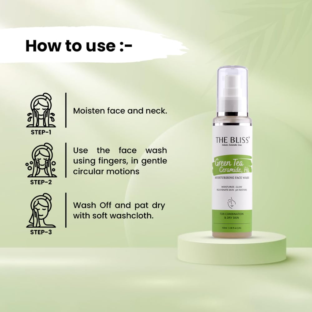 Bliss Green Tea, Aloe, Ginseng & CICA Plant-Based Face Wash for Acne Prone Skin - Sulfate-Free Cleanser for Oily & Sensitive Skin - Men & Women (100ml) | Daily Deep Cleansing & Soothing Skincare Routine