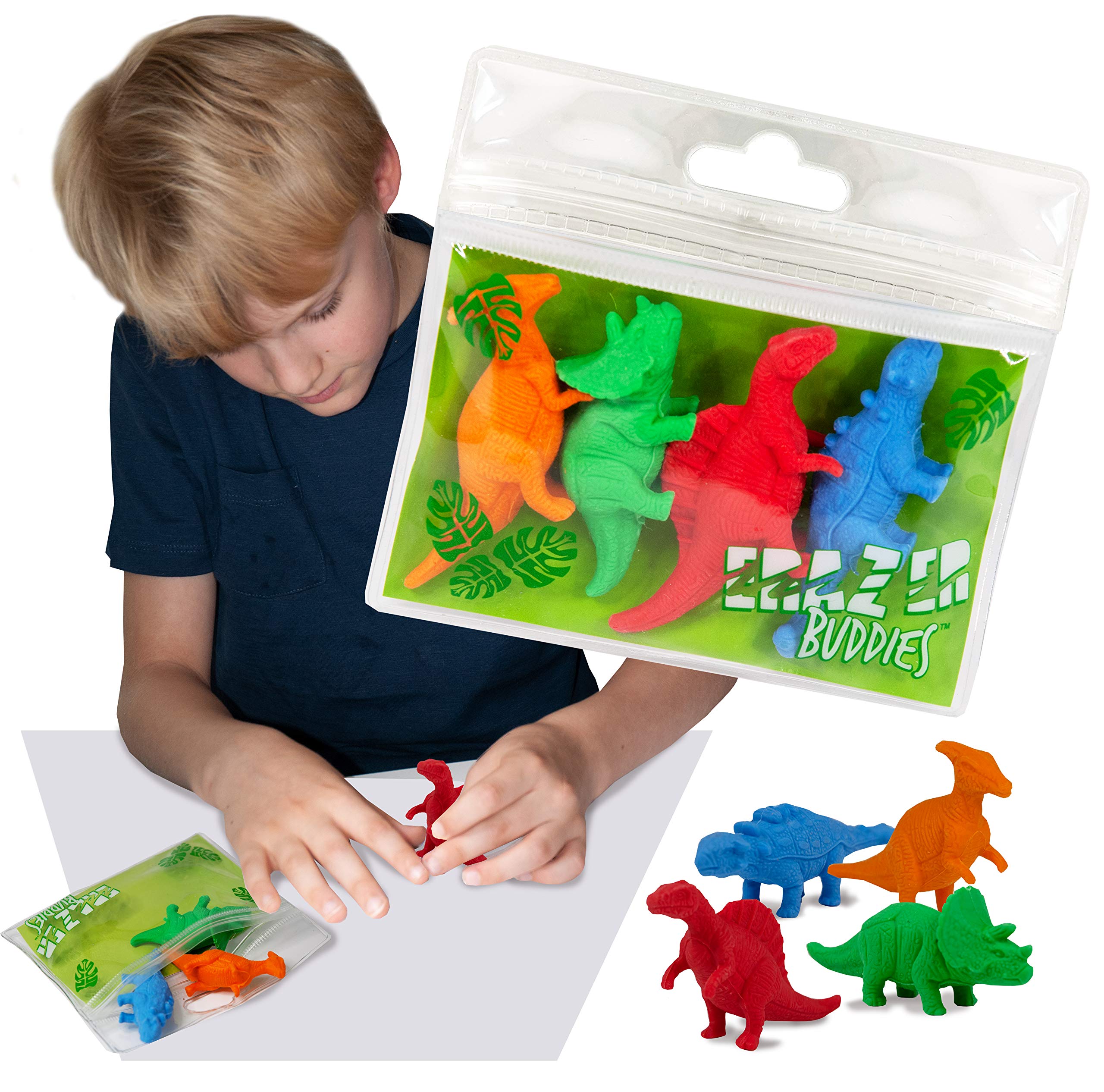 Deluxebase Dinosaur Eraser Buddiez - Cute Rubber Stationery Set in Reusable Bag | Novelty Office Desk Accessories, School Supplies & Party Favors for Kids, Students & Teachers | Perfect for Classroom, Birthday Gifts & Desk Organization