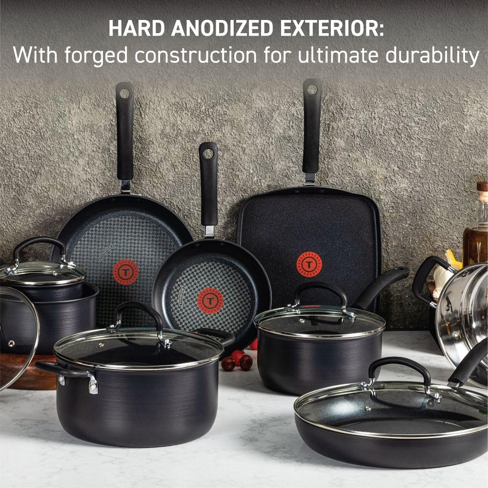 T-fal Ultimate Hard Anodized Nonstick 12-Piece Cookware Set - Oven & Broiler Safe to 400°F, Lids to 350°F - Includes Fry Pans, Saucepans, Dutch Oven & Pots - Dishwasher Safe Black Kitchen Cookware for Professional Cooking & Family Meals