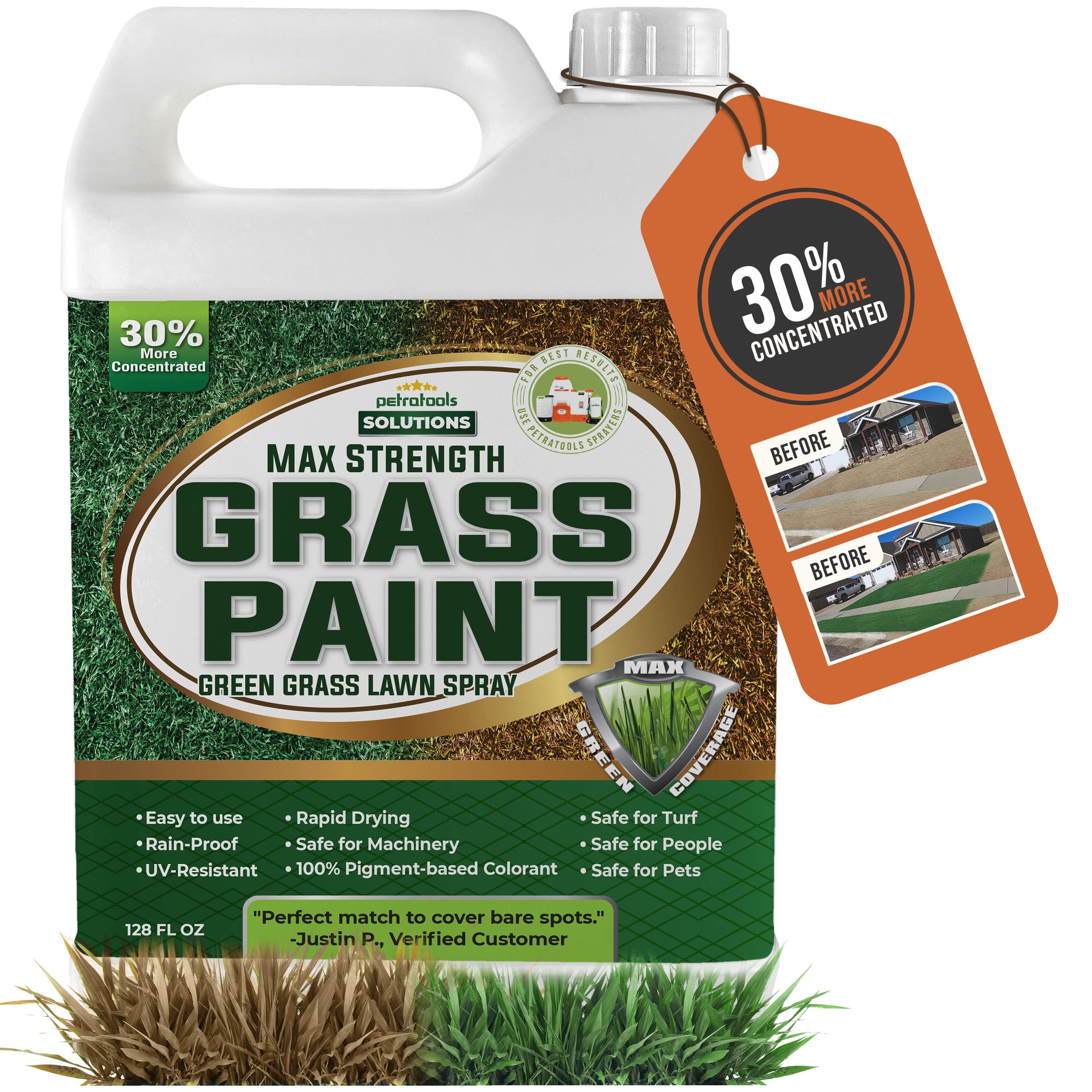 PetraTools Max Strength Green Grass Paint - 1 Gallon Lawn Spray for Dog Spot Repair & Instant Lawn Color Enhancement | Perfect for Dry, Brown Grass, Sports Fields, and Landscaping Projects