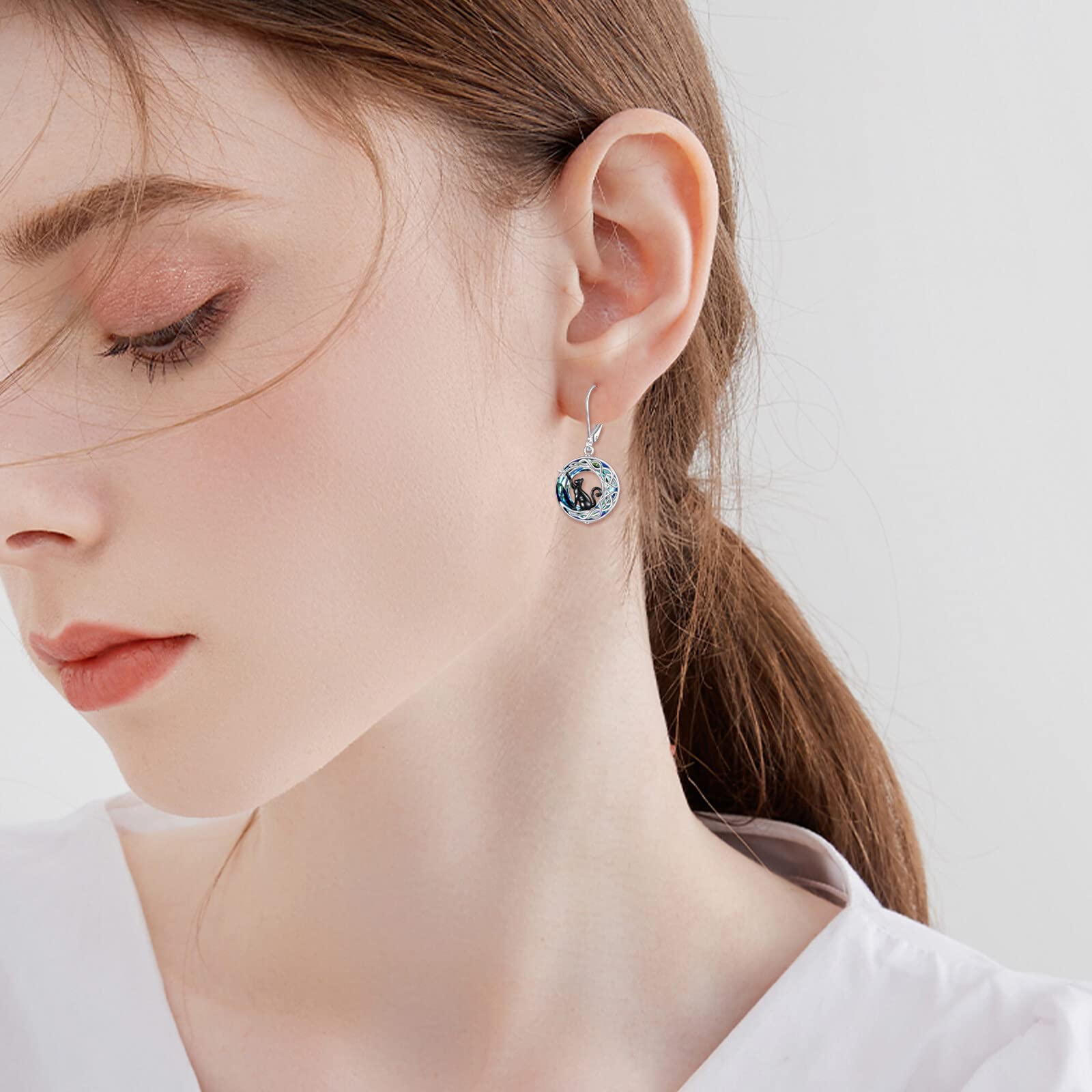 VONALA 925 Sterling Silver Celtic Moon Cat Leverback Earrings with Crystals - Elegant Jewelry Gift for Women & Girls | Perfect for Birthday, Anniversary & Everyday Wear