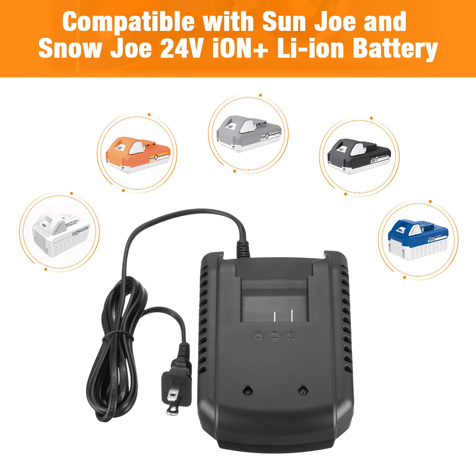 24V Fast Charger for Sun Joe & Snow Joe 24V Lithium-Ion Batteries - Compatible with iBAT24 Series & 24VCHRG-QC Quick Charge Dock | Perfect for Lawn Mowers, Snow Blowers & Outdoor Power Tools