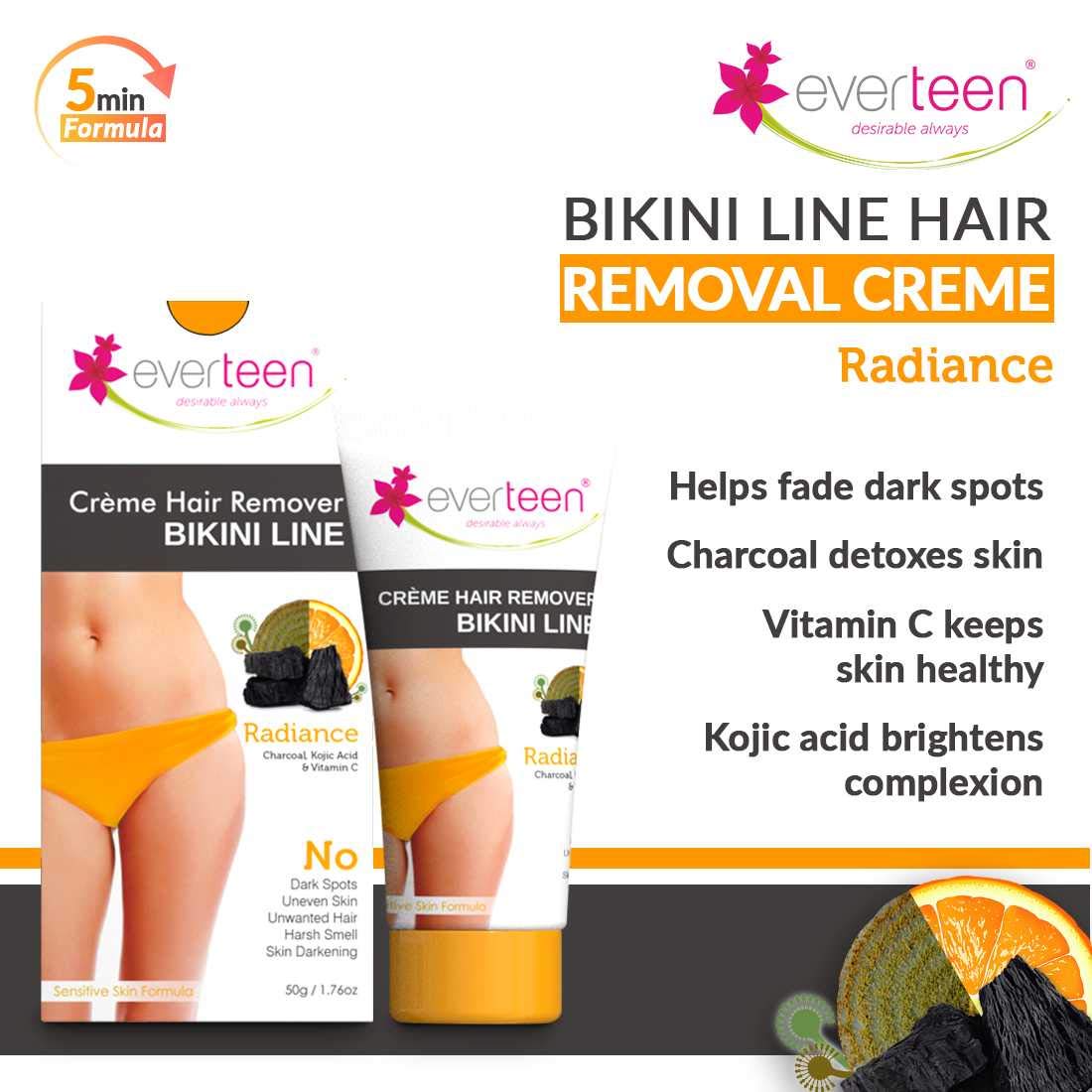 Everteen RADIANCE Bikini Line Hair Remover Cream with Activated Charcoal, Kojic Acid & Vitamin C - 2 Pack (50g Each) | Gentle Depilatory for Sensitive Skin | Smooth & Hair-Free Skin for Beach, Pool & Summer Wear