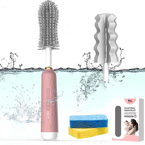 Electric Baby Bottle Brush Cleaner 4-Piece Set - Rechargeable Silicone Bottle Brush for Tumbler, Baby Bottles, Drinking Glasses & Water Bottles - Perfect for Nursery, Kitchen & Travel (Pink)