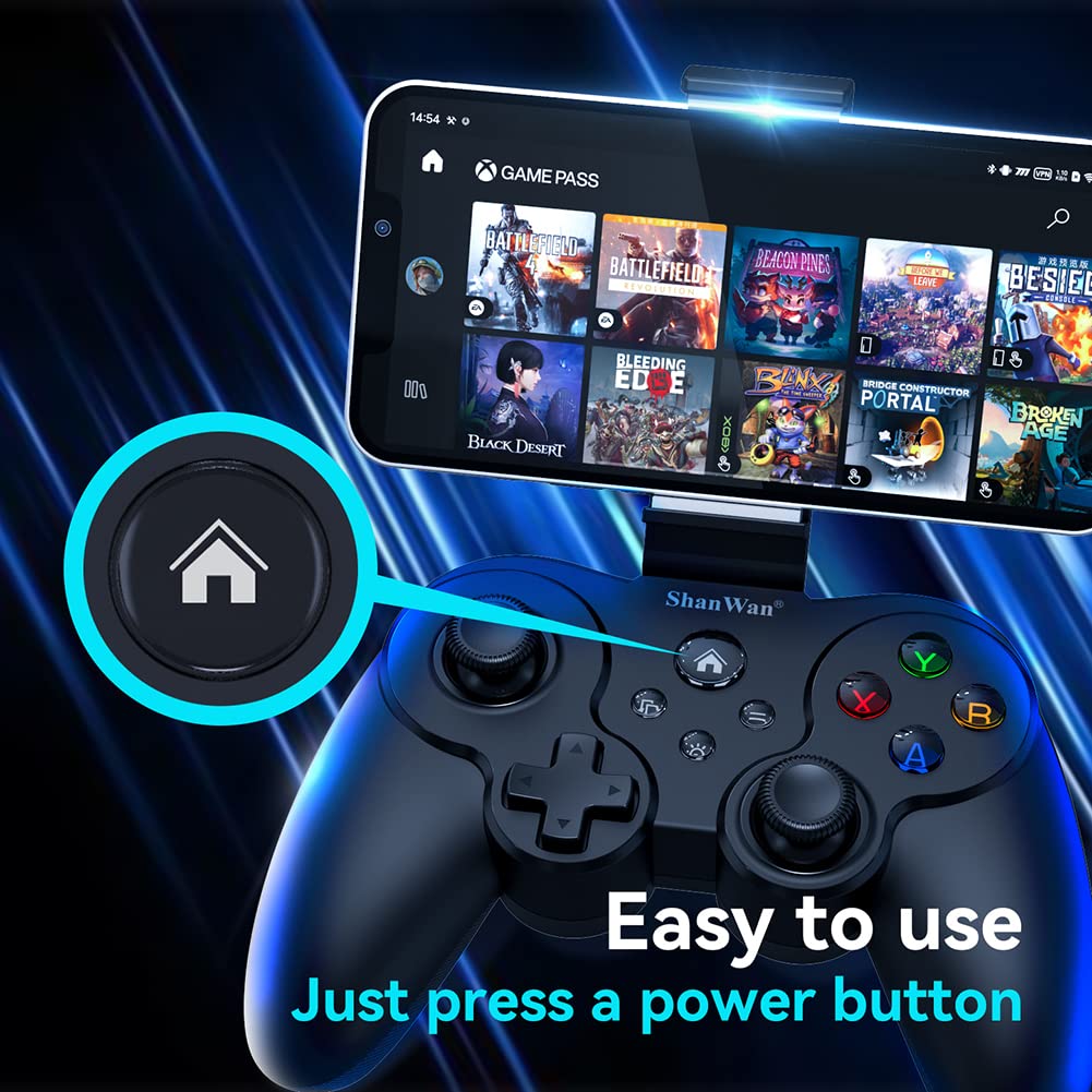 ShanWan Wireless Mobile Game Controller for iPhone & Android - Compatible with PS Remote Play, Xbox Cloud, Steam Link, GeForce Now & MFi Apple Arcade - LED Backlight, Phone Bracket & Long Battery Life - Perfect for Cloud Gaming & Mobile Esports