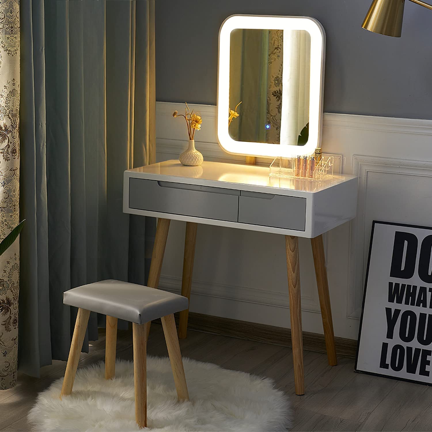 Adjustable Brightness Vanity Table Set with Stool & Organizer for Makeup & Dressing