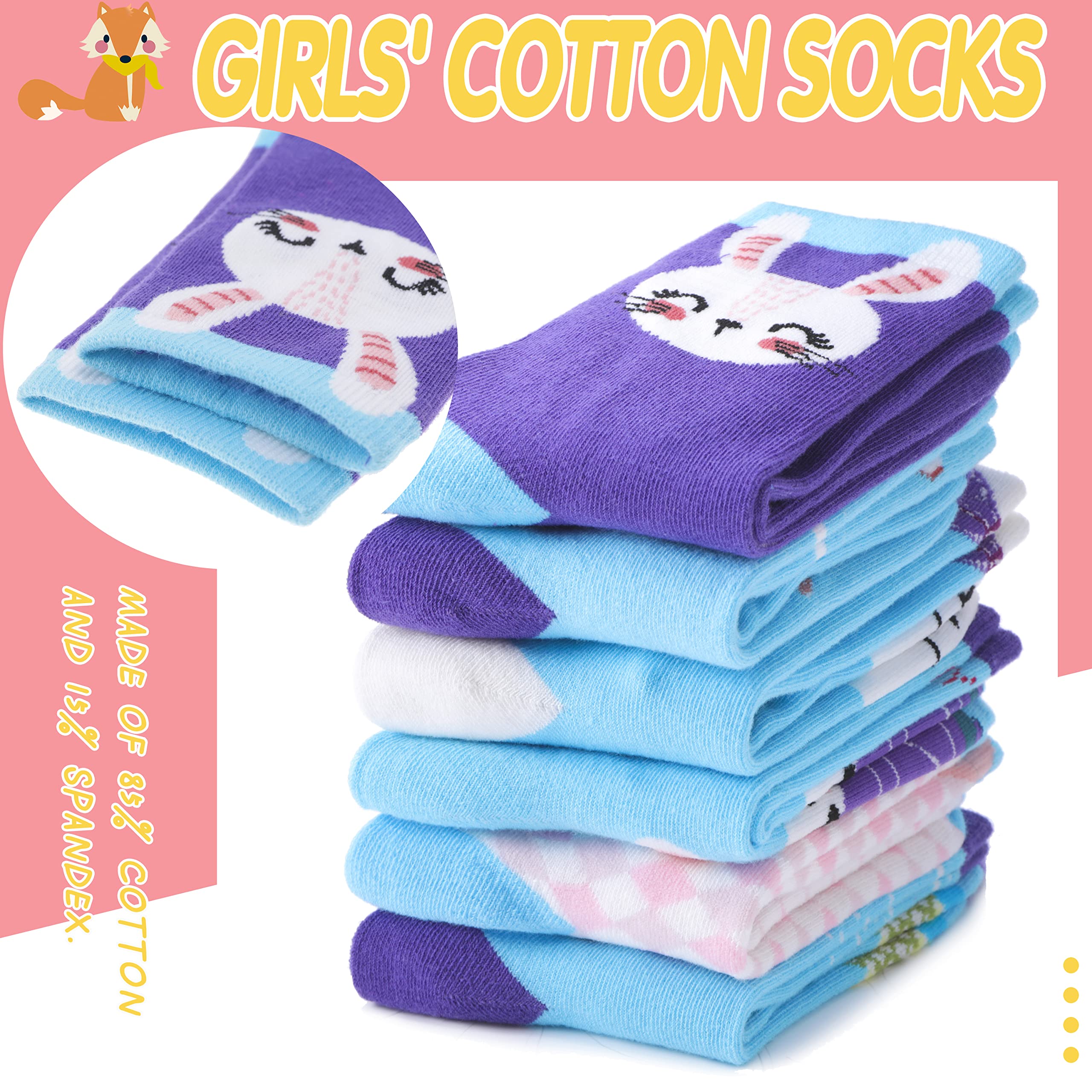 Cute Girls' Bunny Crew Socks - 6 Pairs Soft Cotton Fun Novelty Socks for Kids Ages 5-8 (Blue) - Perfect for Easter Gifts, Stocking Stuffers & Everyday Playtime