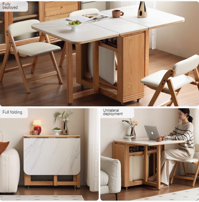 Solid Oak Wood Modern Rock Slab Folding Dining Table - Extendable Space-Saving Design for Small Apartments, Kitchens & Outdoor Dining
