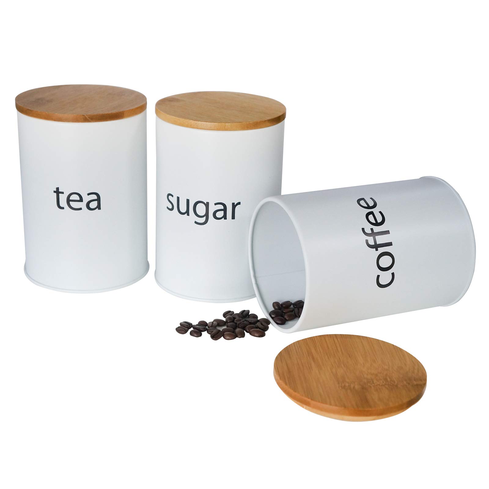 SOTECH 3-Piece White Metal Canister Set with Bamboo Lids - Airtight Sugar Coffee Tea Storage Jars for Kitchen Countertop - Farmhouse Country Kitchen Decor - Perfect for Pantry Organization & Coffee Bar Display