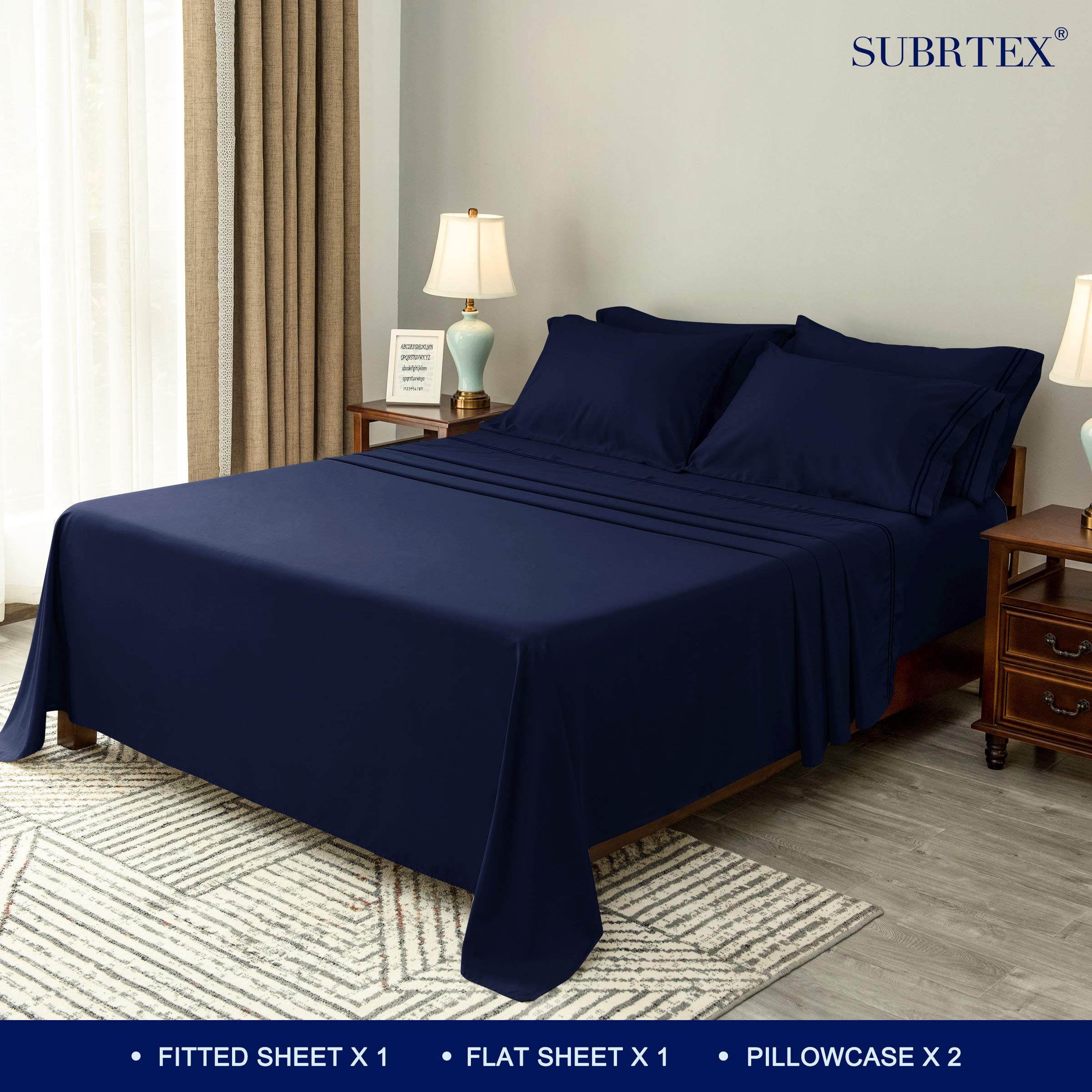 SUBRTEX 100% Cotton King Size Bed Sheets Set - 3 Piece Bedding with Deep Pockets, Soft & Fade Resistant, Machine Washable Navy Blue Sheets & Pillowcases - Perfect for Master Bedroom, Guest Room & Vacation Homes (King, Navy)