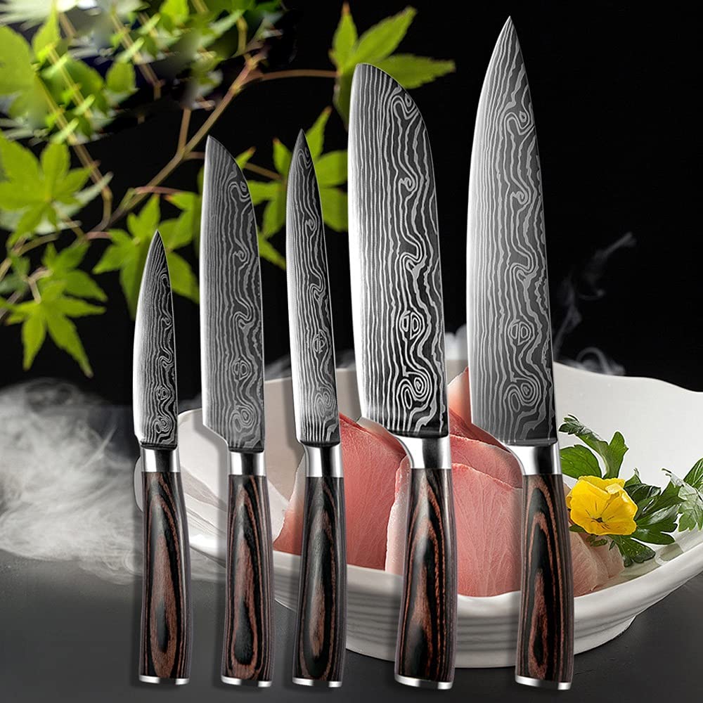 Premium 5-Piece Japanese Damascus Steel Kitchen Knife Set - Chef, Santoku, Cleaver, Paring & Utility Knives for Professional Cooking & Food Prep | Perfect for Home Chefs, Culinary Students & Restaurant Use