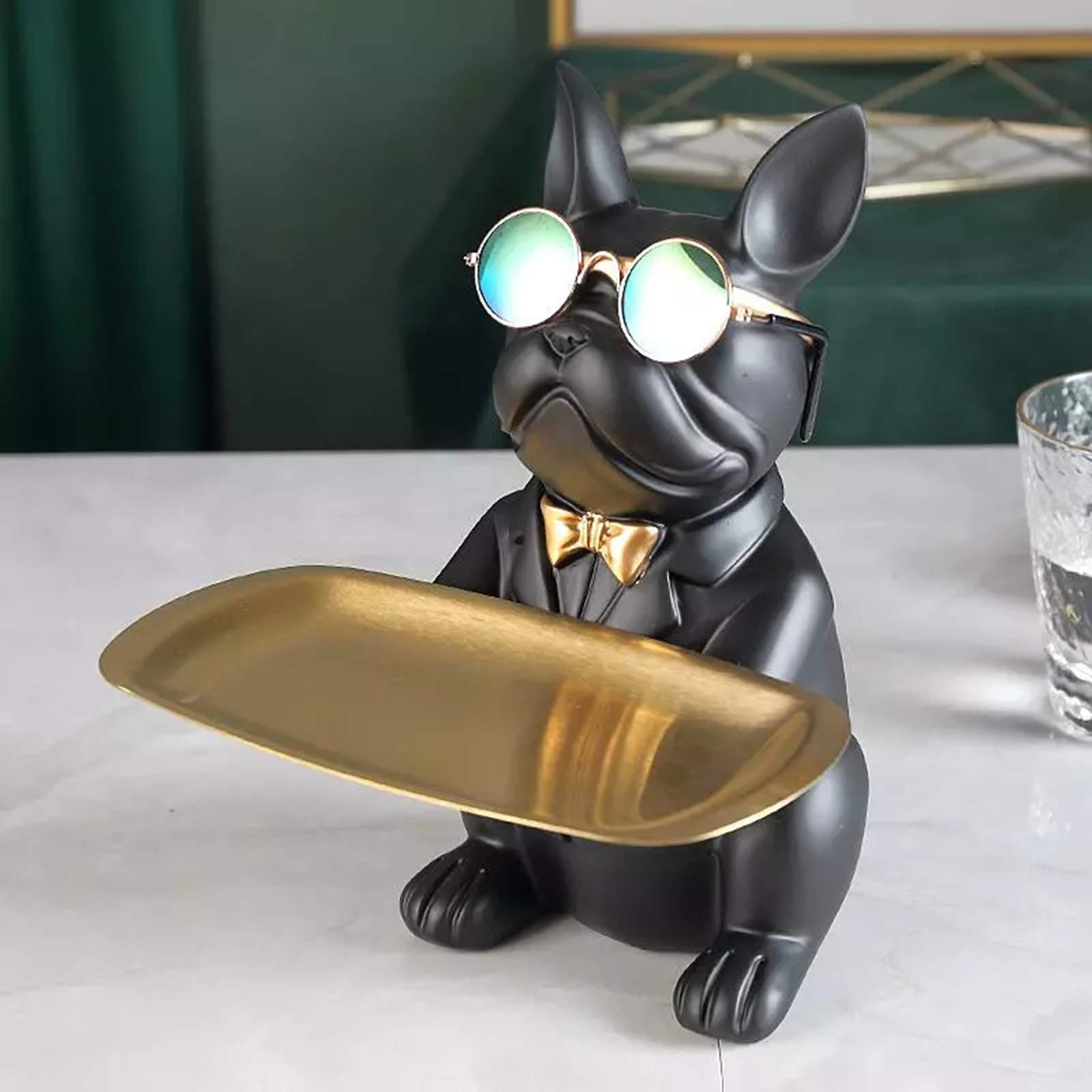 HYDL Resin Dog Figurine with Tray - Creative Piggy Bank & Jewelry Organizer - Entryway Storage Box for Keys & Coins - Home Decor Gift Idea (Black) | Perfect for Living Room, Bedroom, or Office Desk Decor