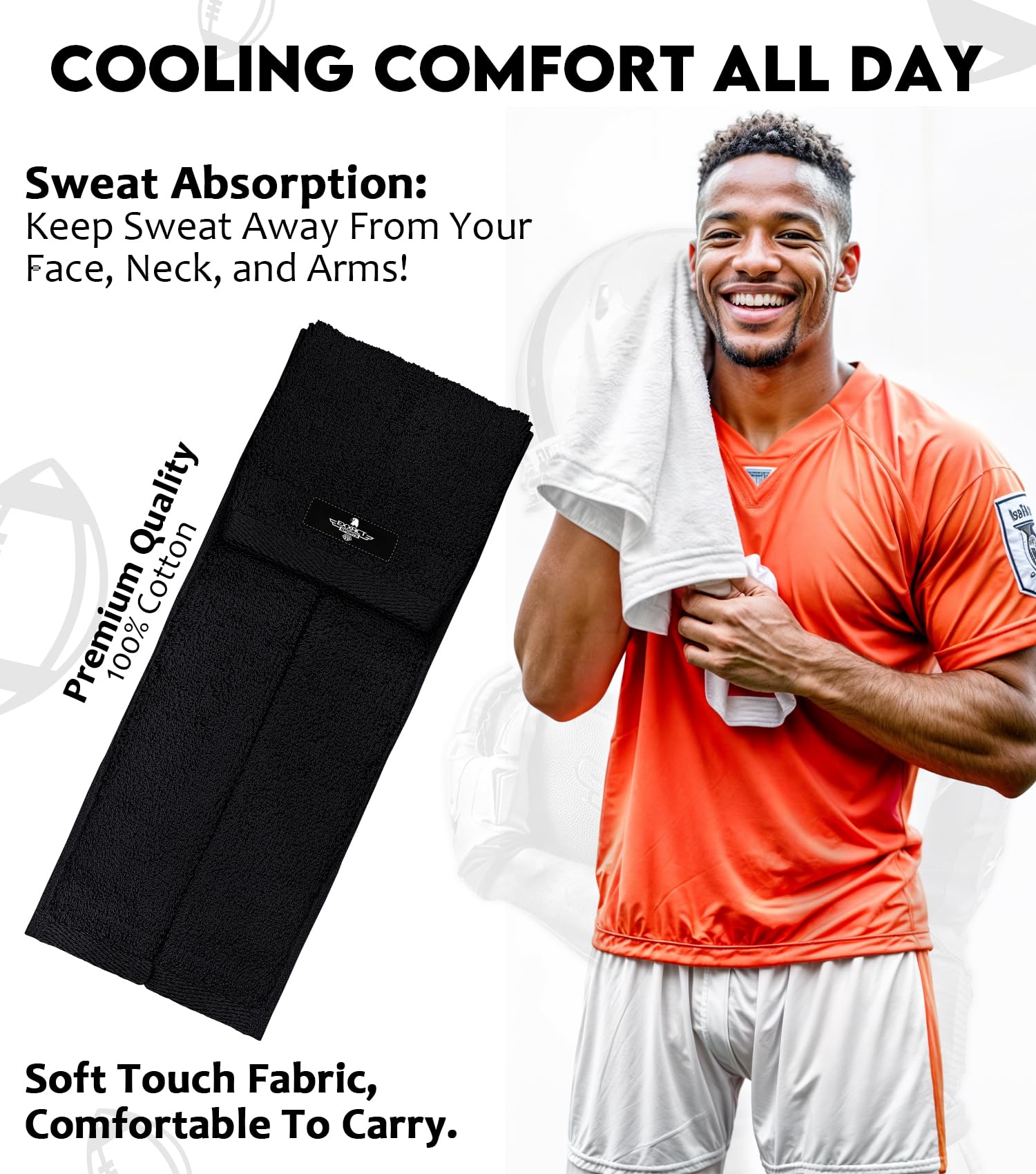Exxact Sports Black Football Towel with Hook & Loop Fastener - Highly Absorbent Quick-Dry QB Towel for Cleaning Hands, Visor & Gloves - Perfect for Football, Soccer & Outdoor Sports Training