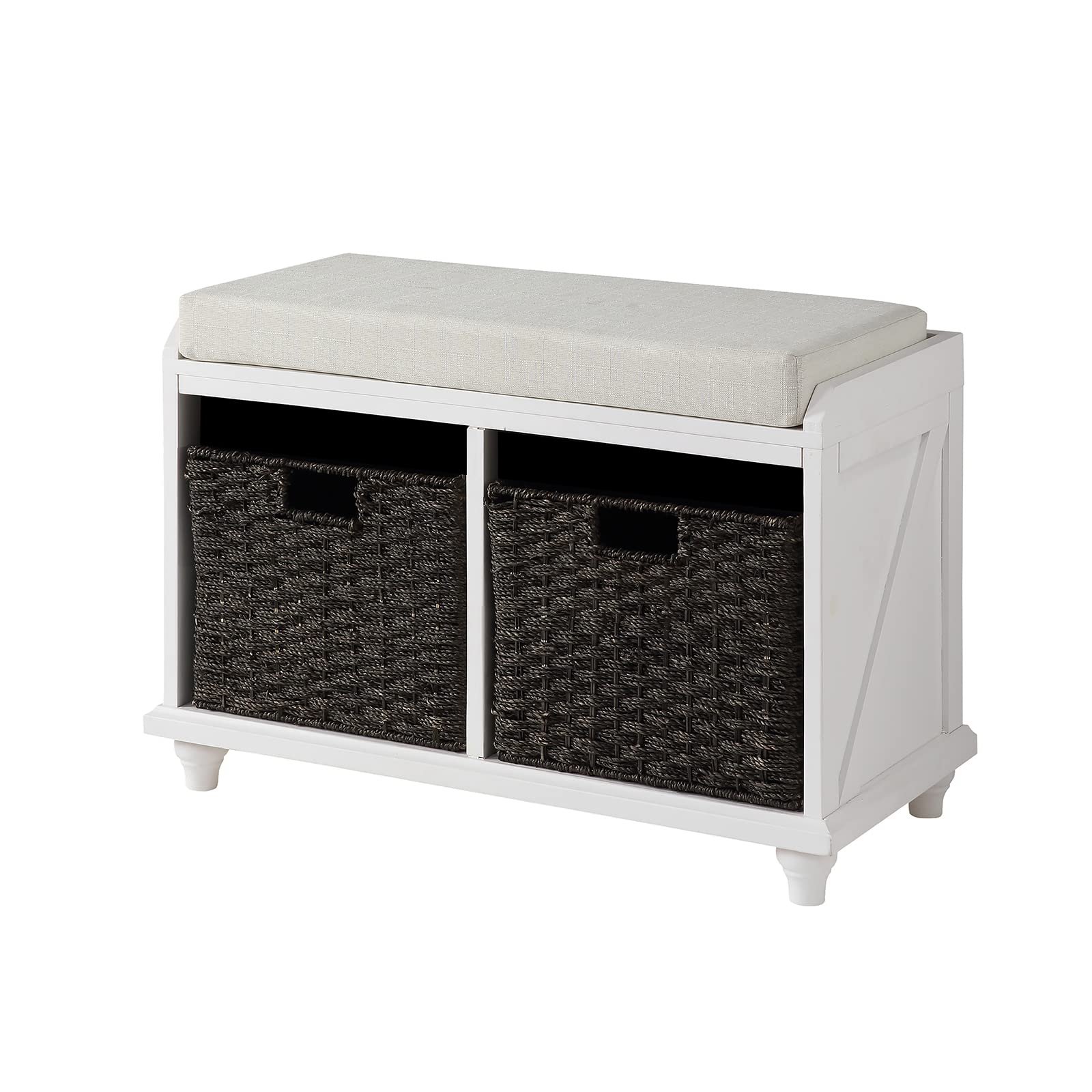 OIECAYE Fully Assembled White Wooden Storage Bench with 2 Woven Basket Drawers - Rustic Entryway Shoe Bench with Cushioned Seat for Hallway, Living Room & Home Decor | Perfect for Entry Organization & Cozy Seating