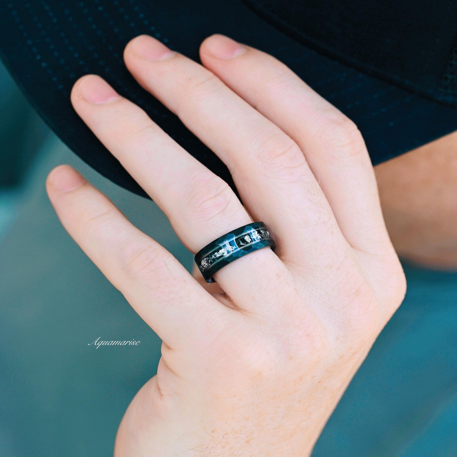 Galaxy Salt and Pepper (Herkimer) Diamond & Meteorite Couples Ring - Unique Wedding Bands for Him and Her - Perfect for Anniversaries, Engagements & Romantic Gifts