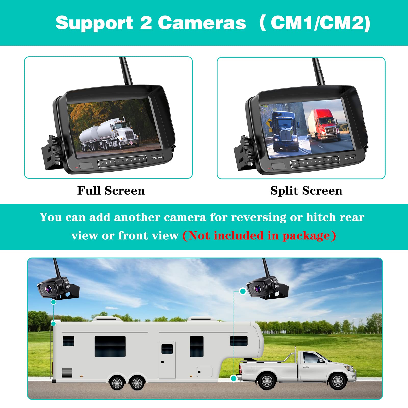7 Inch Wireless Backup Camera System with 18 LED IR Night Vision & 152° View - IP69 Waterproof for RV, Trailers, Trucks, 5th Wheels - Supports 2 Cameras with DIY Guide Lines | Perfect for Safe Parking & Reversing in Low Light Conditions