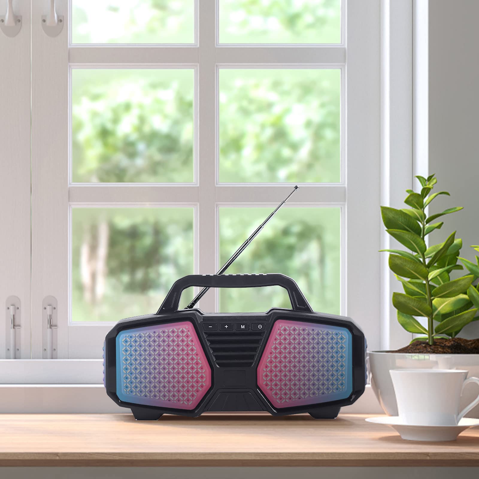 便携蓝牙音箱带派对灯光和FM收音机，室内外立体声DJ音响，适用于家庭聚会、户外露营和派对活动