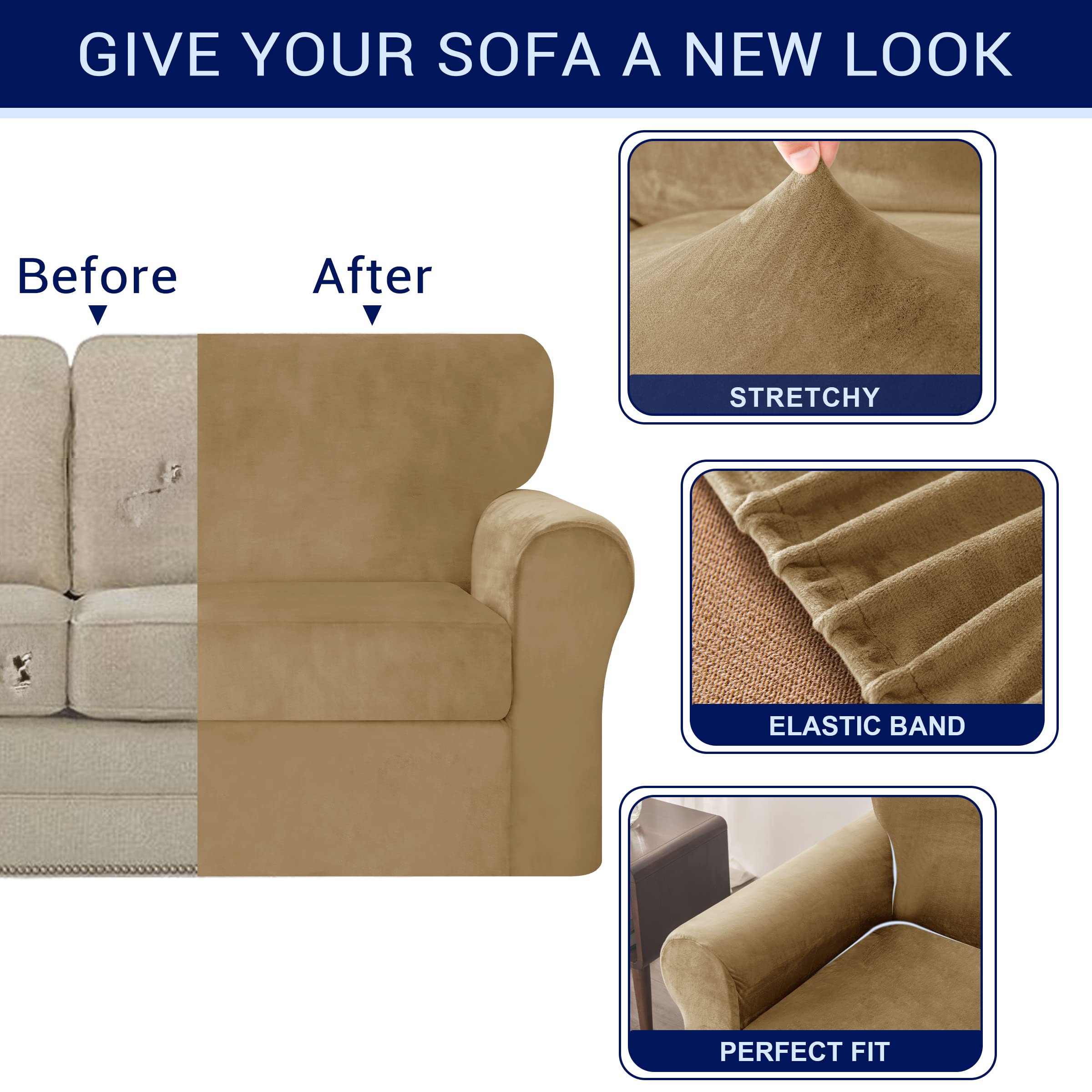 SUBRTEX Velvet Plush Sofa Slipcover - High Stretch Couch Cover with Separate Cushion Covers, Loveseat Protector, Machine Washable (Sand, Small) - Perfect for Living Room, Apartment & Pet-Friendly Furniture Protection