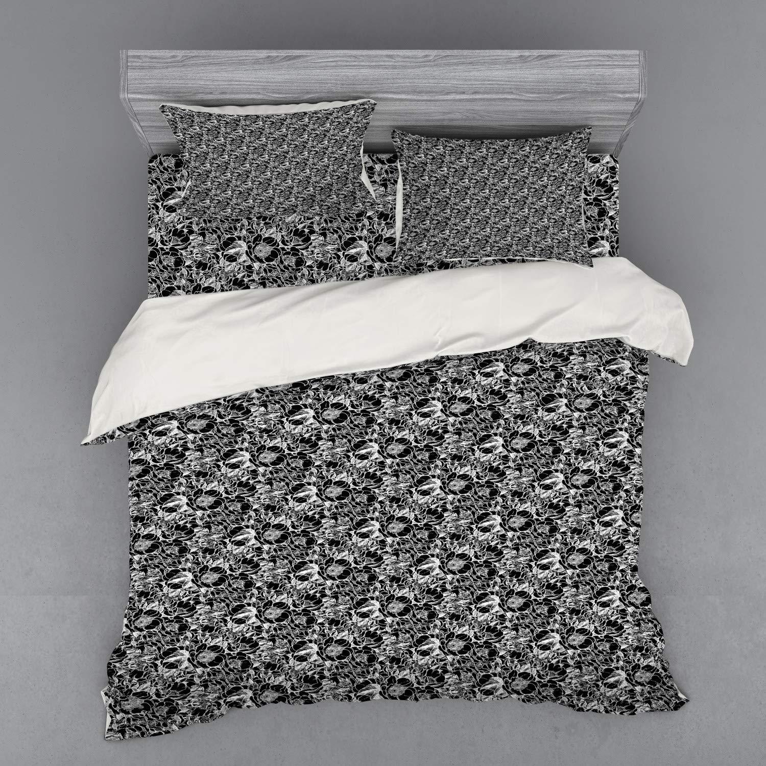 Ambesonne Floral Duvet Cover Set - Monochrome Peony Flowers Design, 4-Piece King Size Bedding Set with Pillow Shams & Fitted Sheet in Charcoal Grey & White | Perfect for Master Bedroom, Guest Room & Bohemian Home Decor