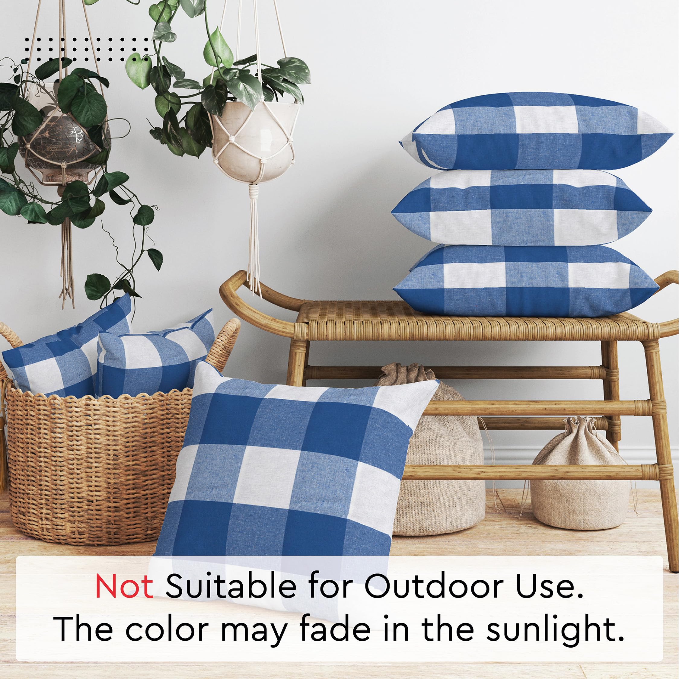 Encasa XO Farmhouse Throw Pillow Covers Set of 2 - 18x18 Inch Buffalo Blue Checkered & Striped Decorative Cushion Covers (No Inserts) for Living Room, Sofa, Couch, Bedroom - Cozy Home Decor Accent
