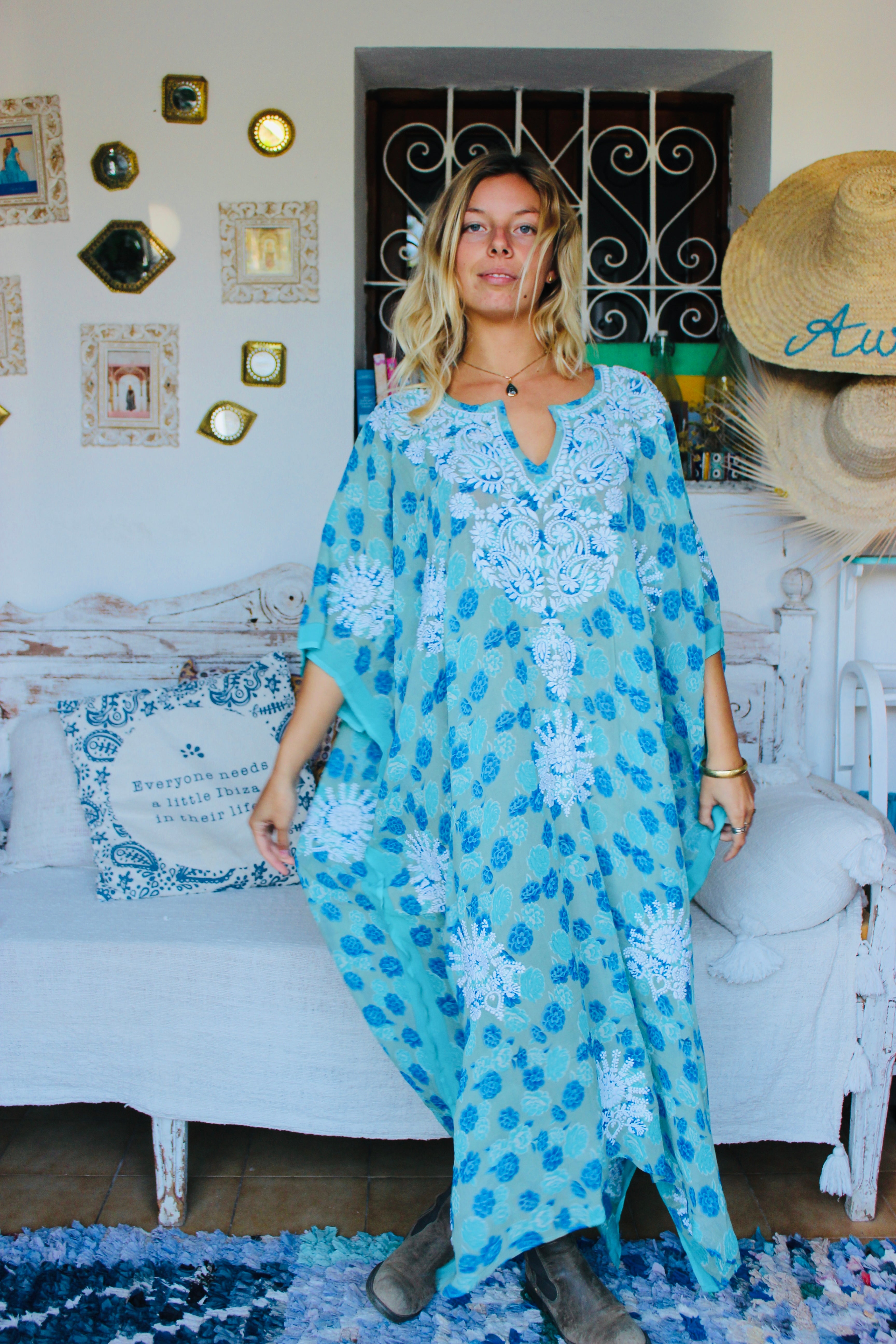 Hand Embroidered Plus Size Silk Kaftan in Blue Turquoise - Perfect for Beach Cover-Ups, Boho Fashion & Resort Wear