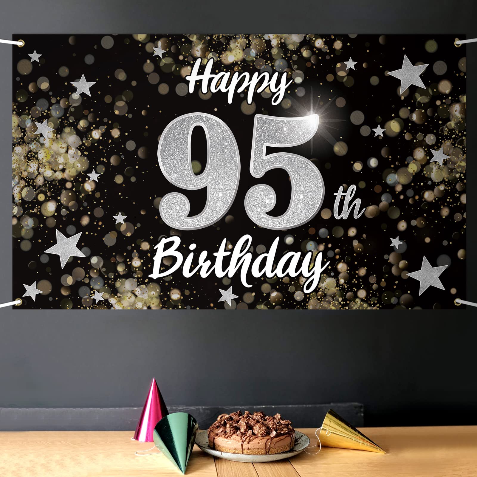 95th Birthday Decorations - Black & Silver Dream Star Large Backdrop Banner for 95 Years Old Celebration | Perfect for Milestone Birthday Parties, Anniversaries & Special Events