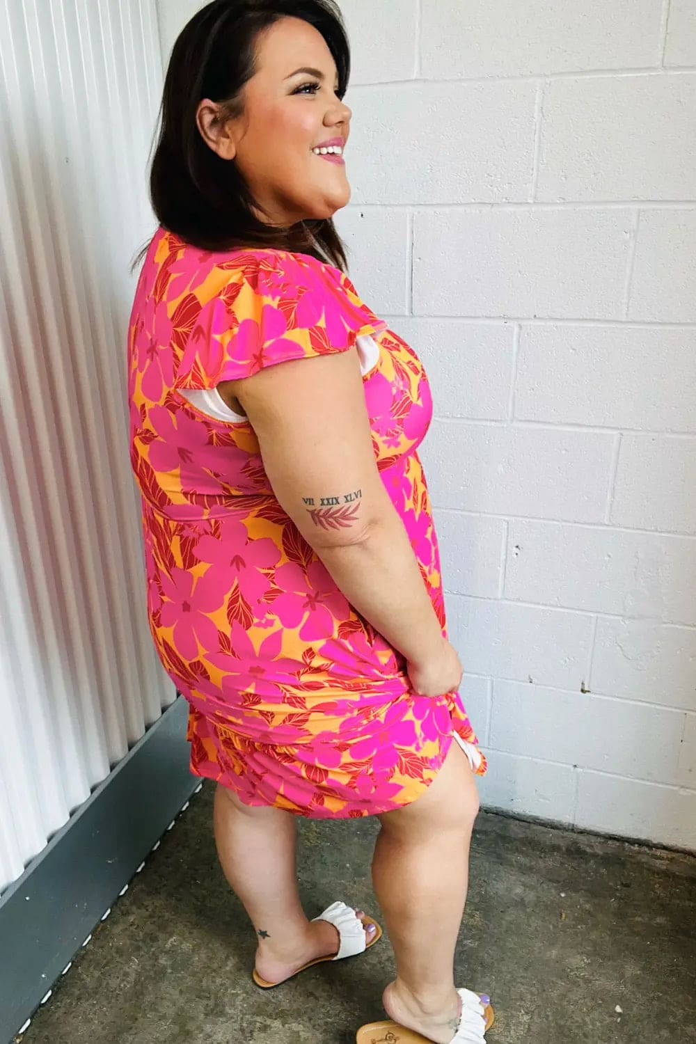 Fuchsia & Orange Tropical Floral Square Neck Summer Dress for Women - Beach Vacation, Party & Casual Outfit