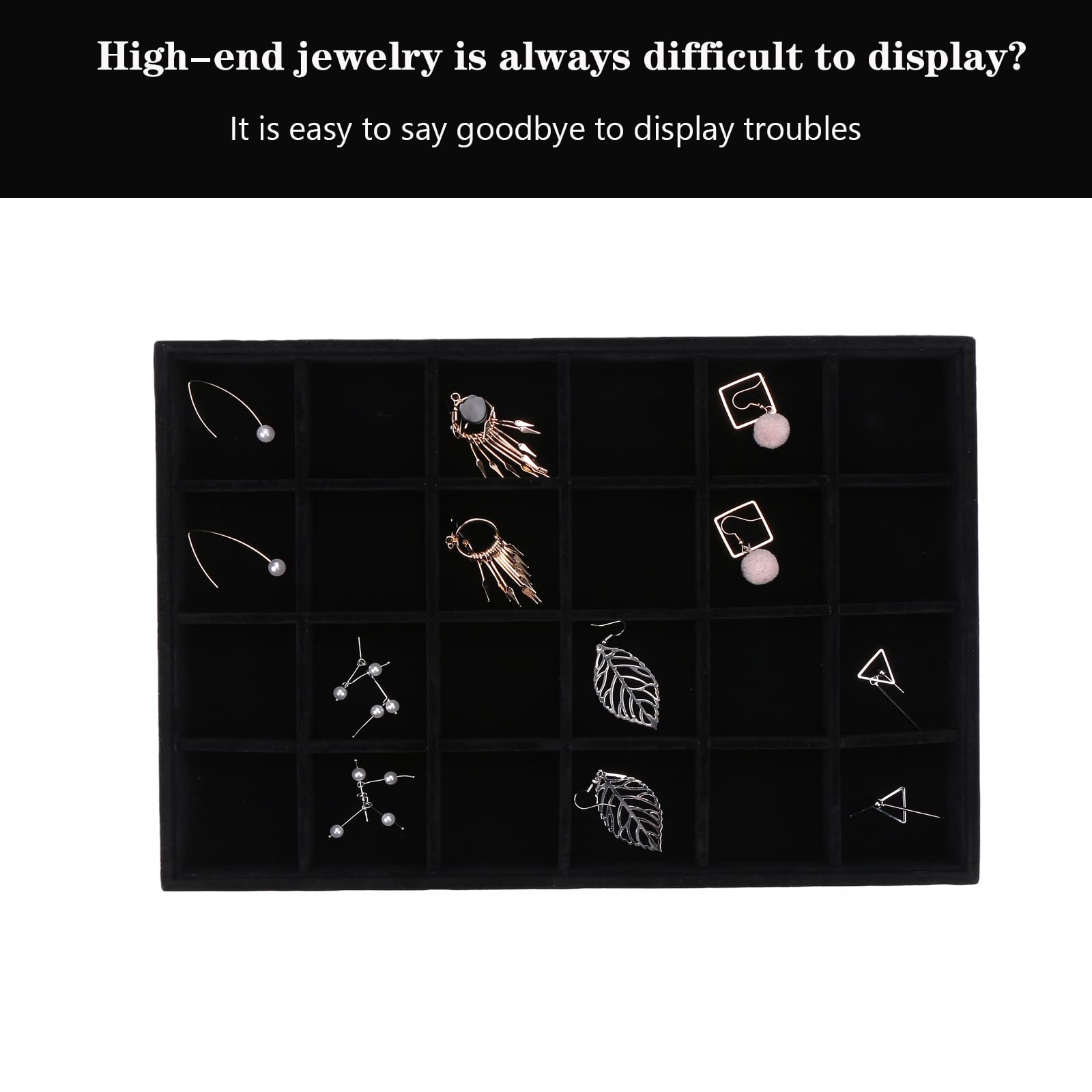 Velvet Jewelry Organizer Tray for Dresser Drawers - Large Stackable Jewelry Storage Box with 24 Grids, Black - Perfect for Necklace, Ring & Earring Organization in Bedroom Vanity or Closet